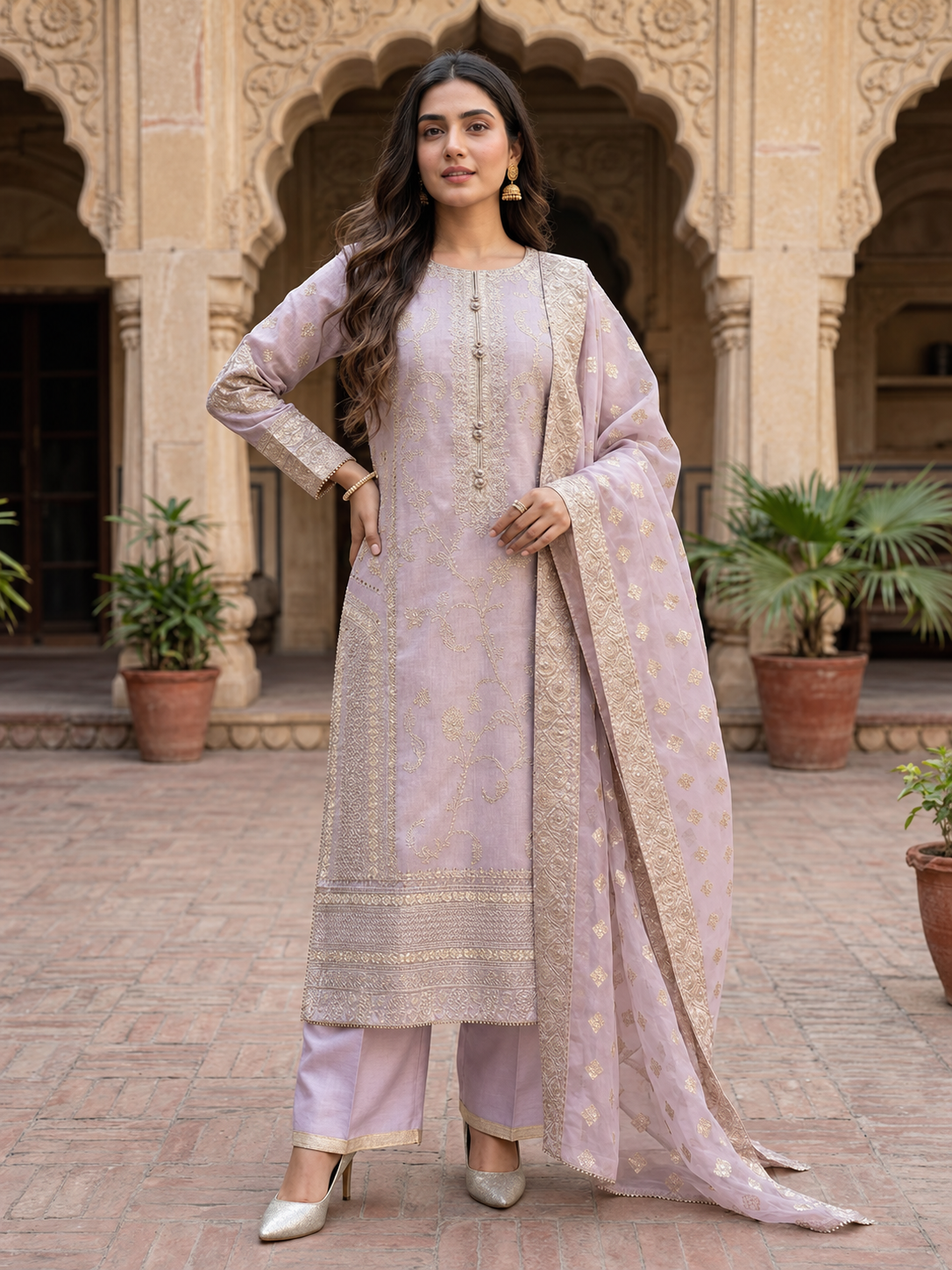Arfa Riwaj Embroidered Lilac Poly Slub 3-Piece Suit
