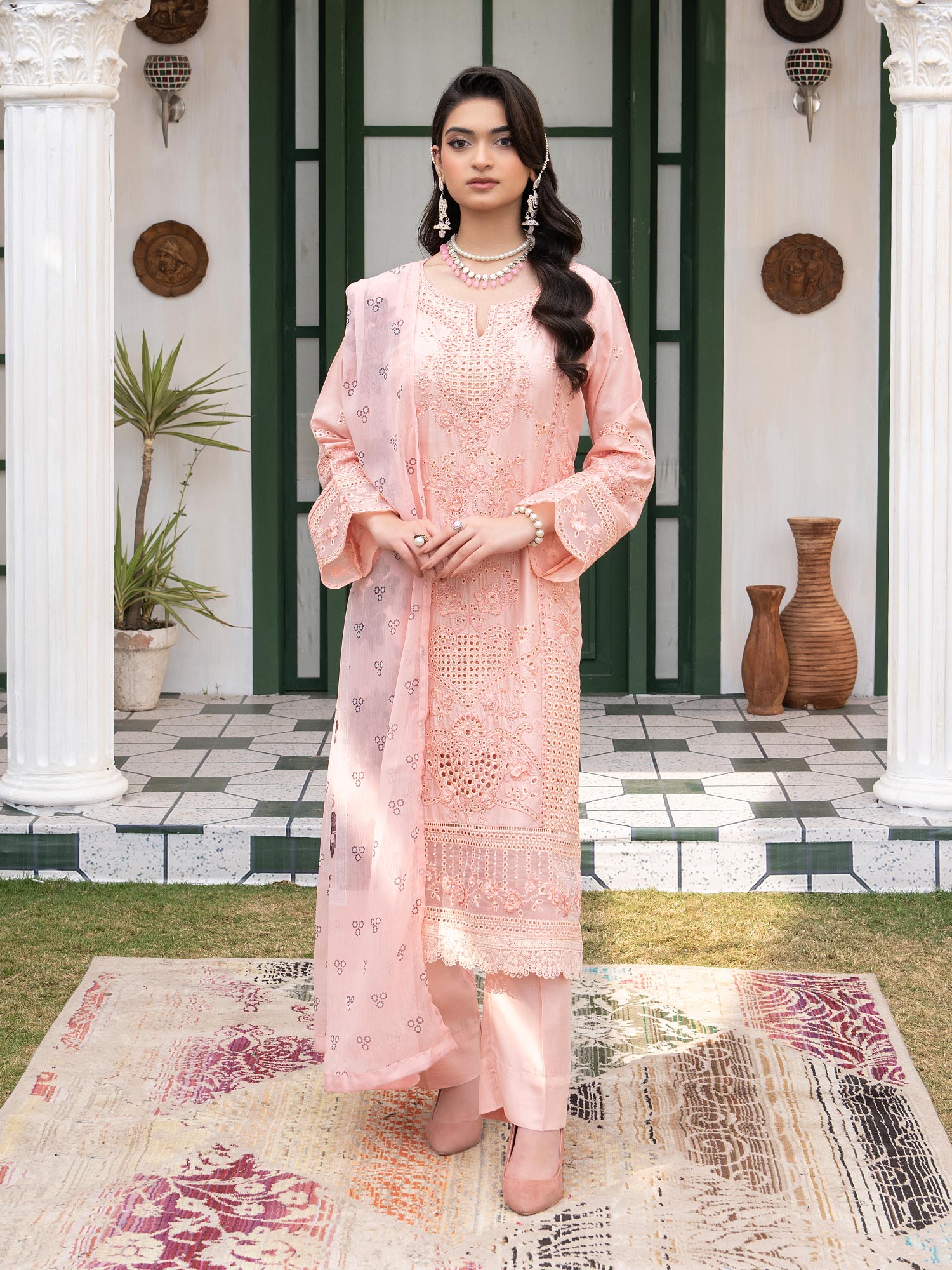 Peach Schiffli Embroidered Winter Linen Suit