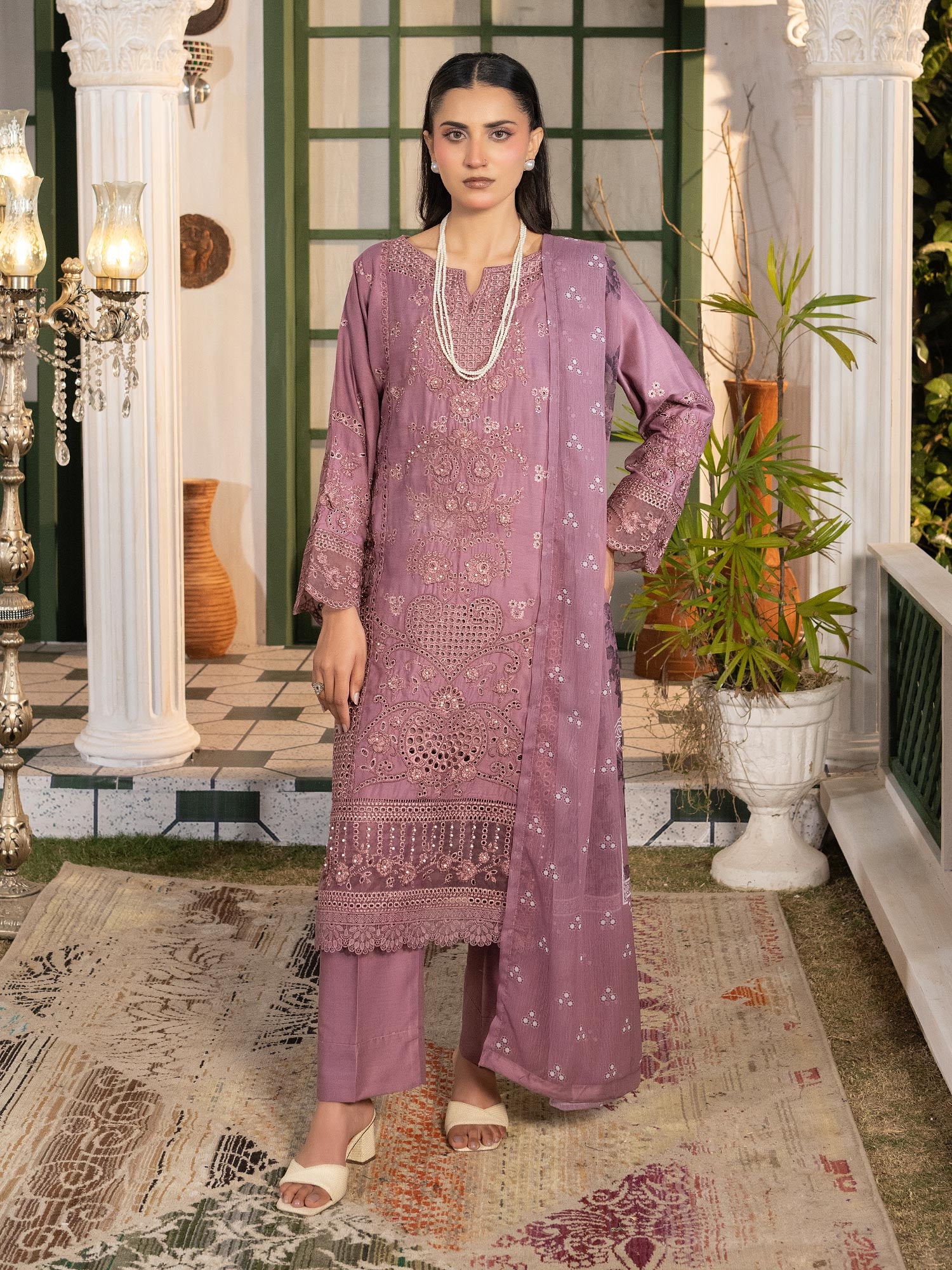 Mauve Schiffli Embroidered Winter Linen Suit