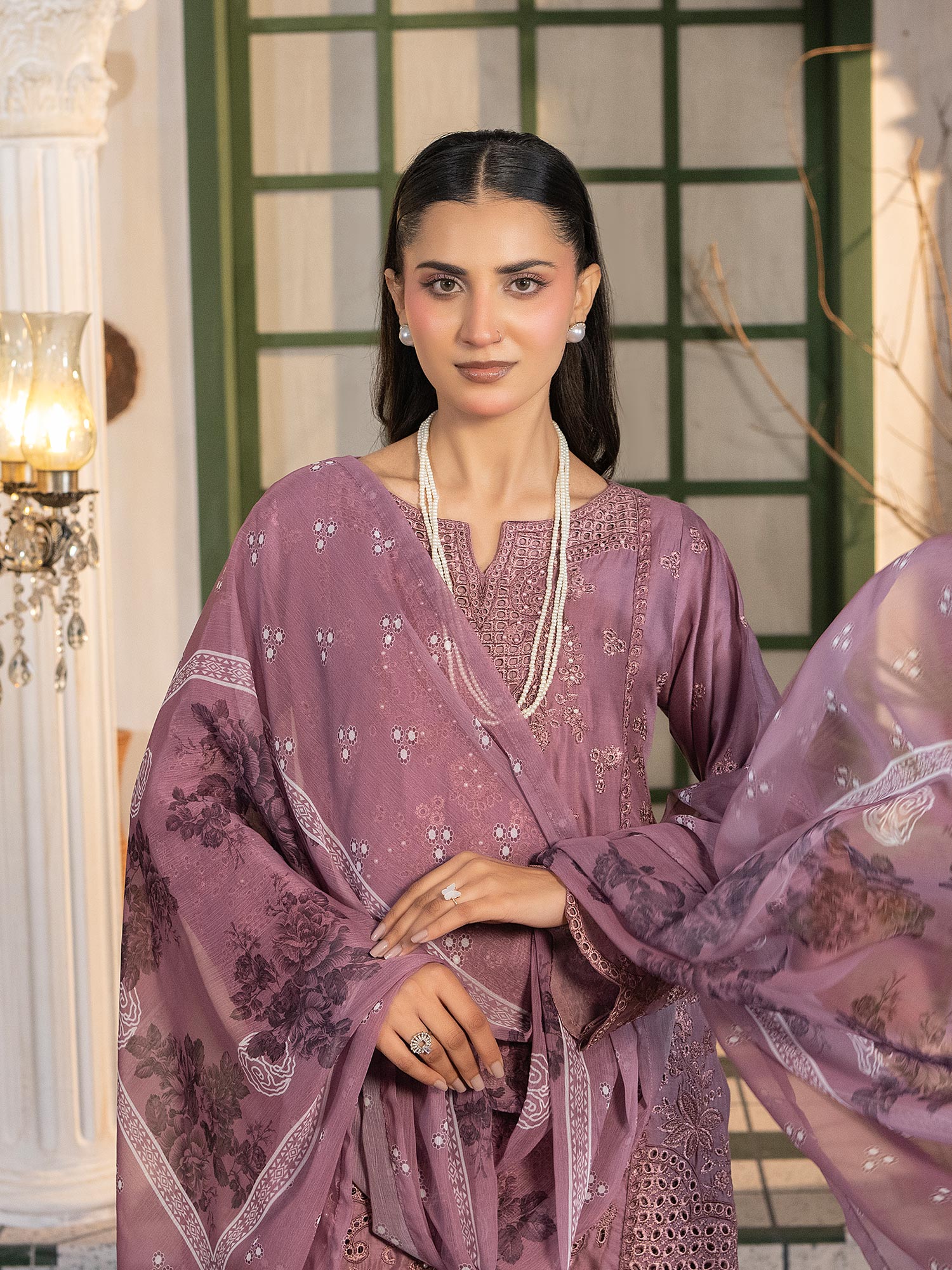Mauve Schiffli Embroidered Winter Linen Suit