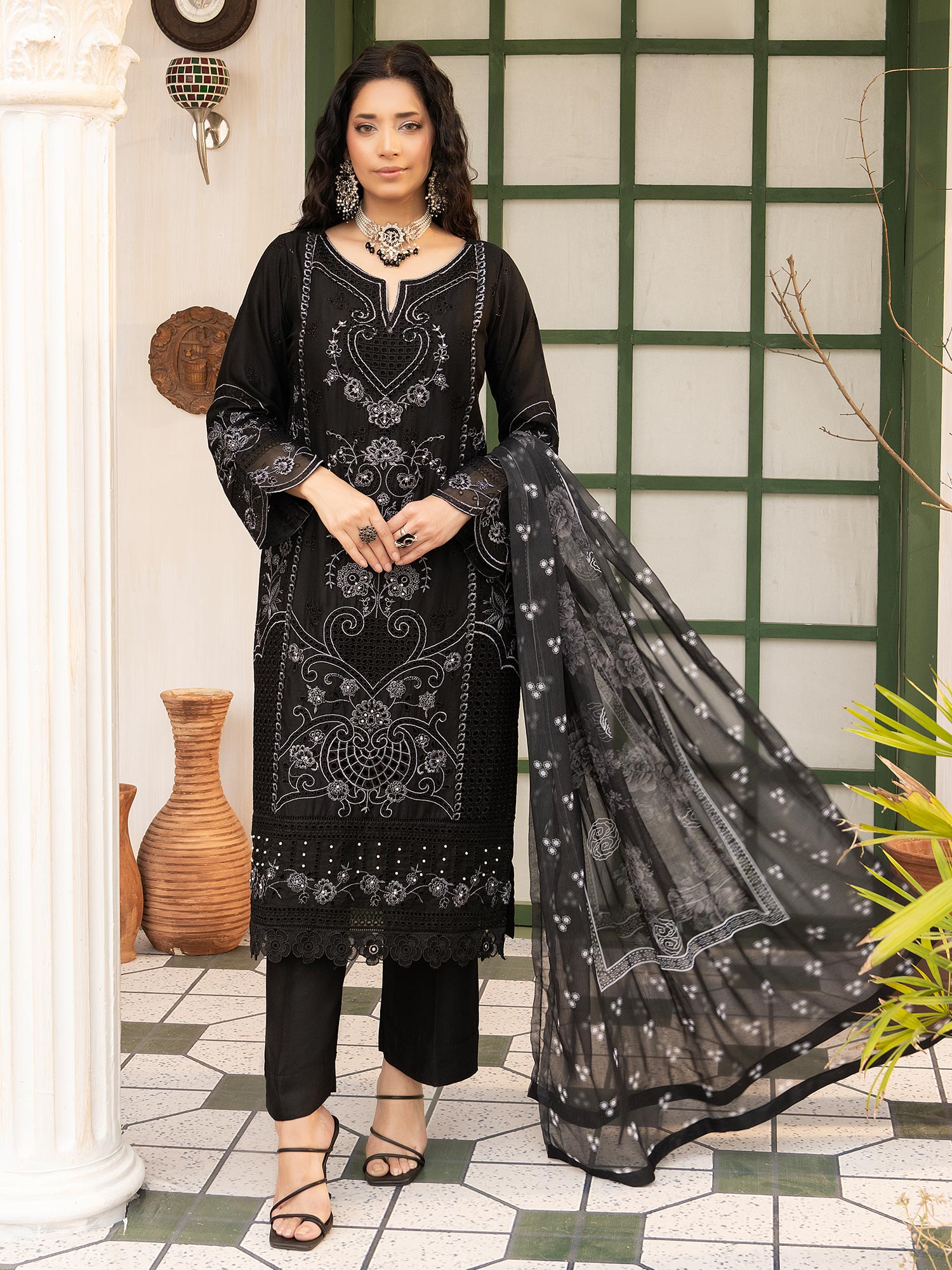 Black Schiffli Embroidered Winter Linen Suit
