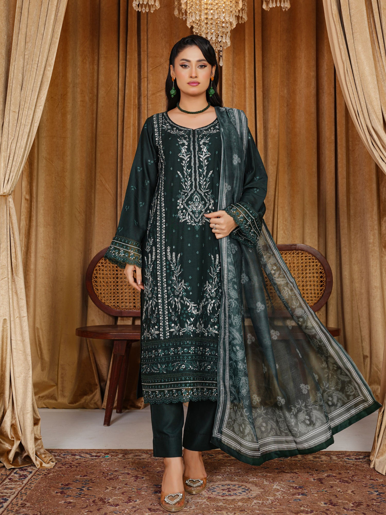 Bottle Green Embroidered Winter Linen Suit