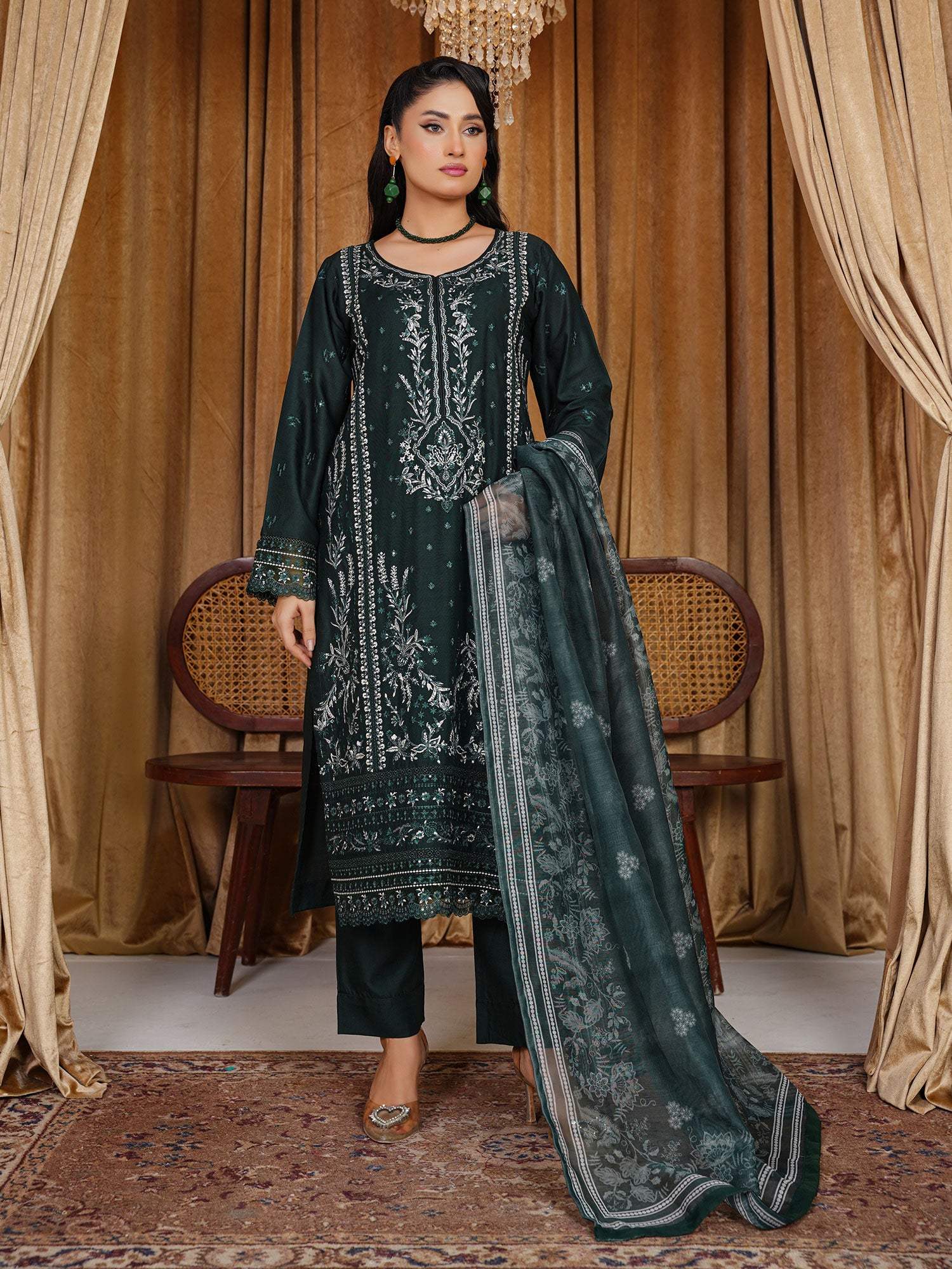 Bottle Green Embroidered Winter Linen Suit