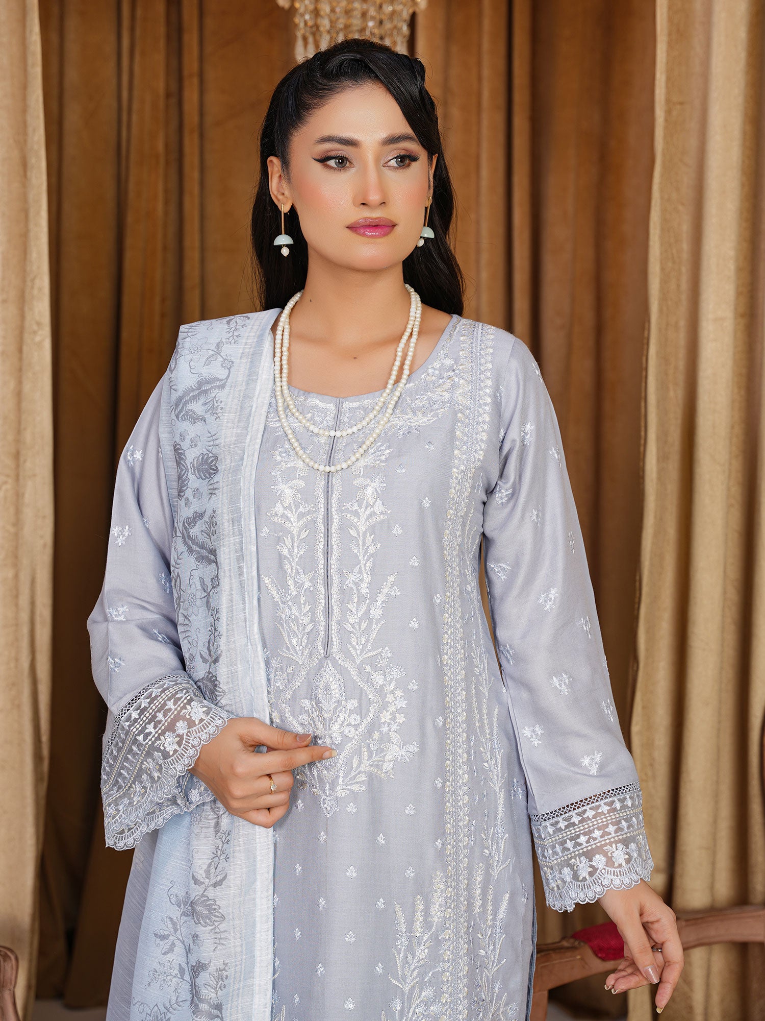 Blue-Grey Embroidered Winter Linen Suit