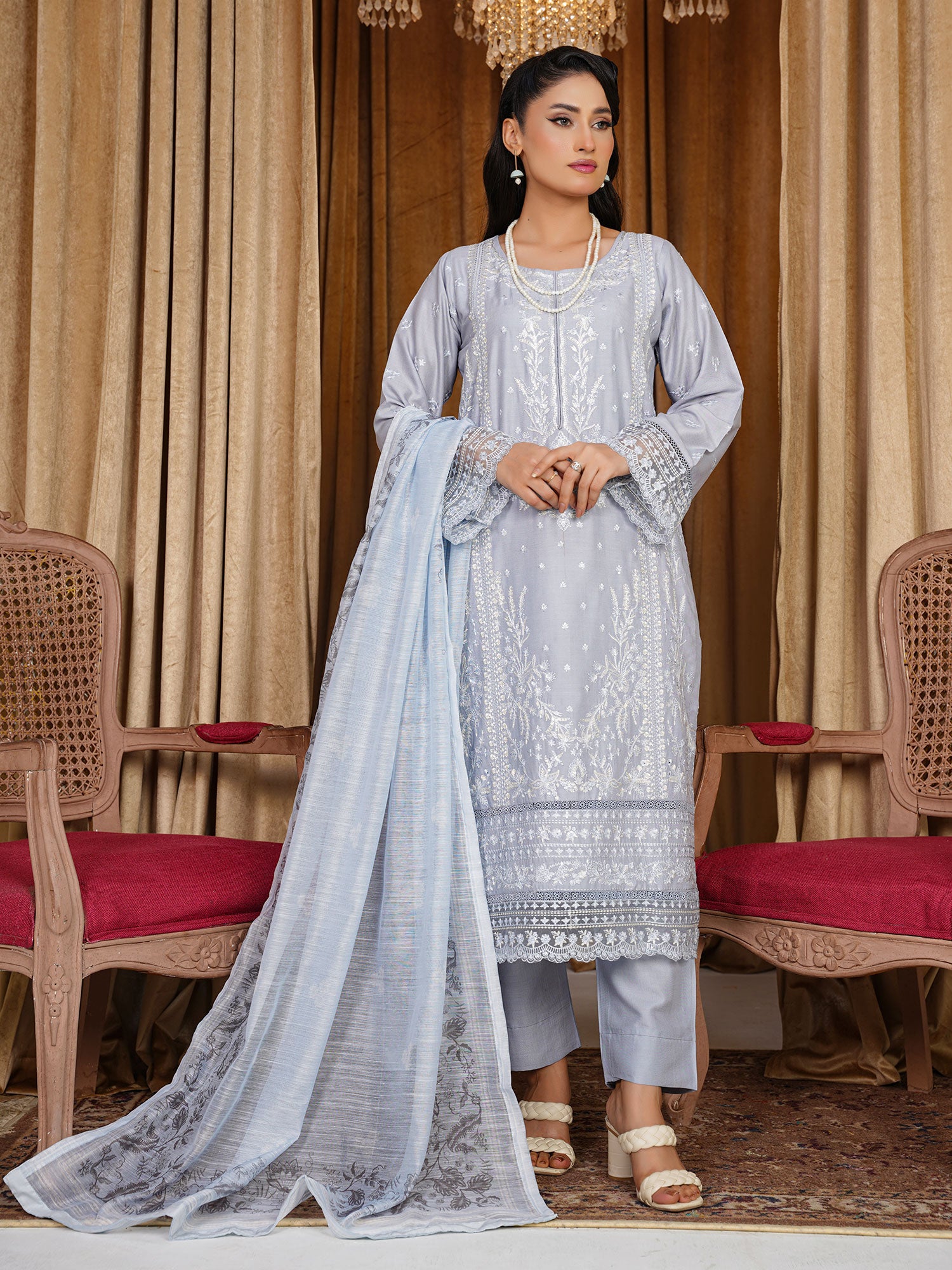 Blue-Grey Embroidered Winter Linen Suit