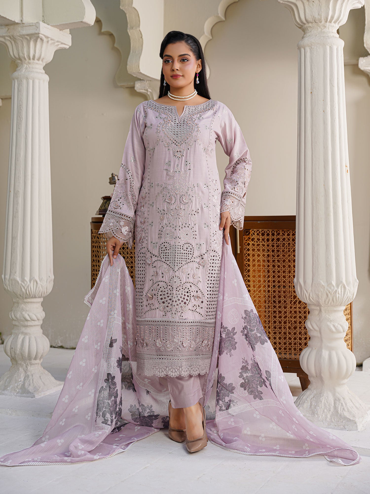 Lilac Schiffli Embroidered Winter Linen Suit