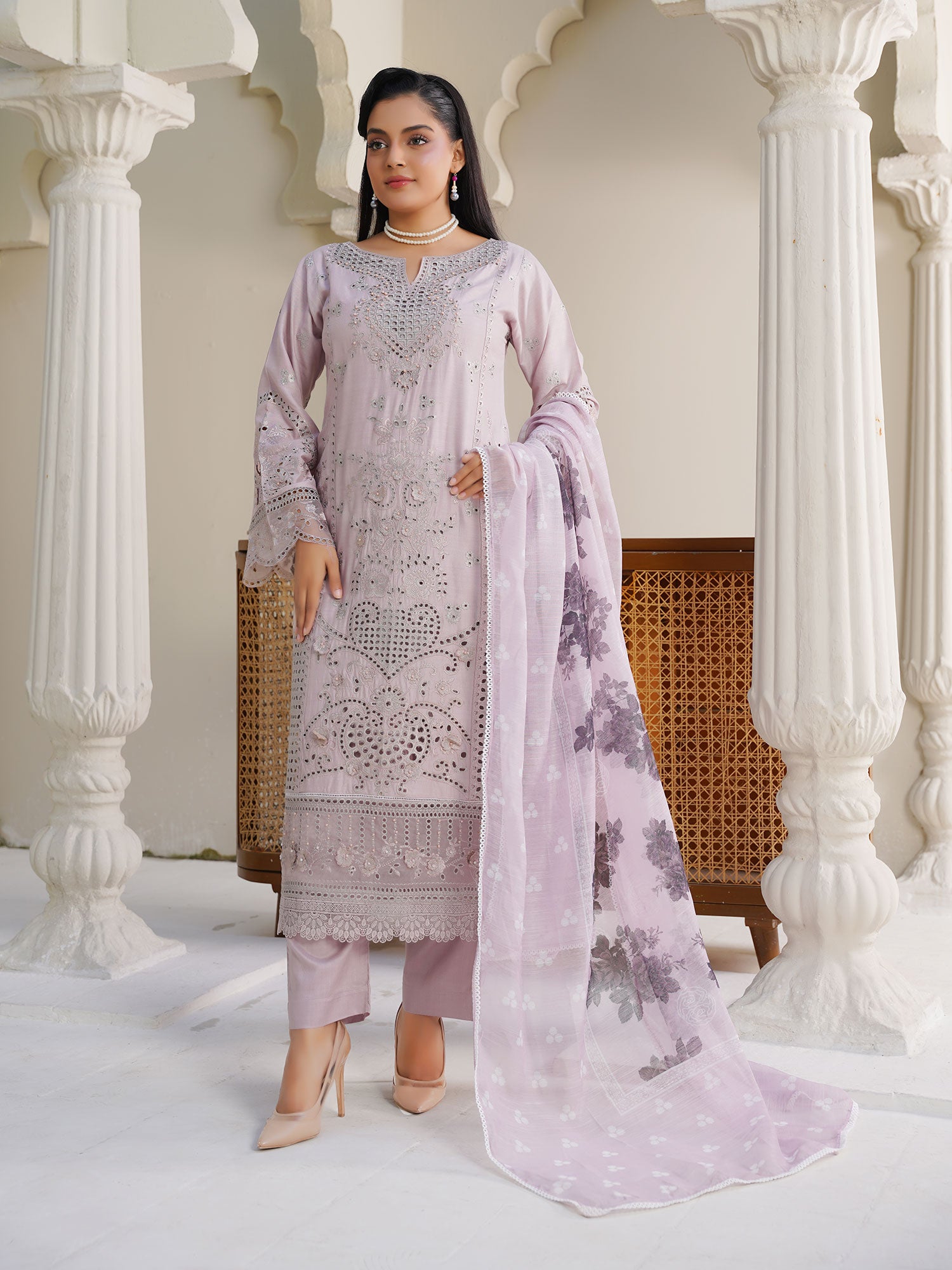 Lilac Schiffli Embroidered Winter Linen Suit