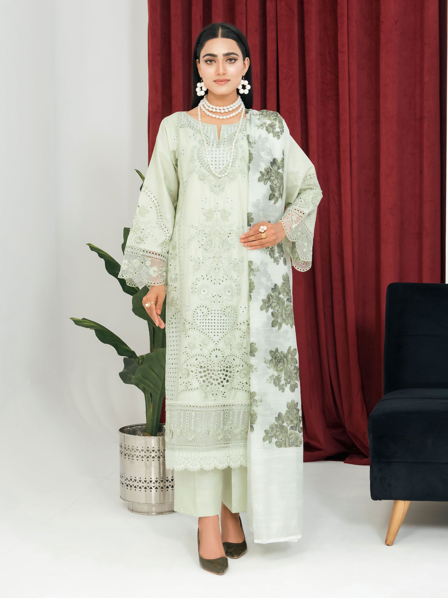 Light Green Schiffli Embroidered Winter Linen Suit