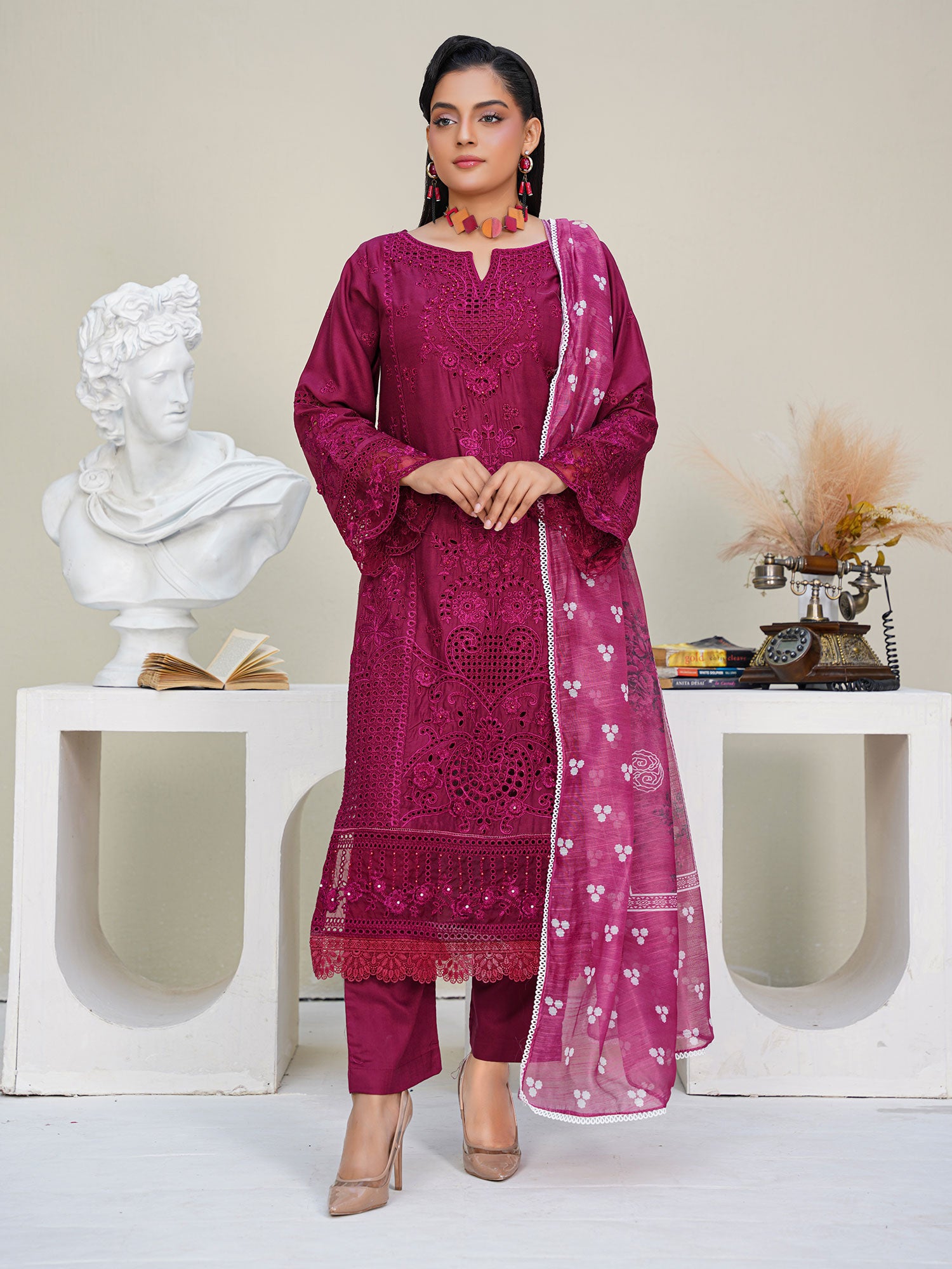 Pink Schiffli Embroidered Winter Linen Suit