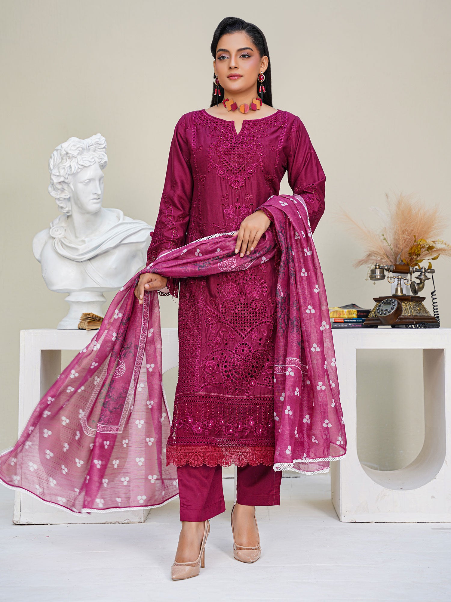 Pink Schiffli Embroidered Winter Linen Suit