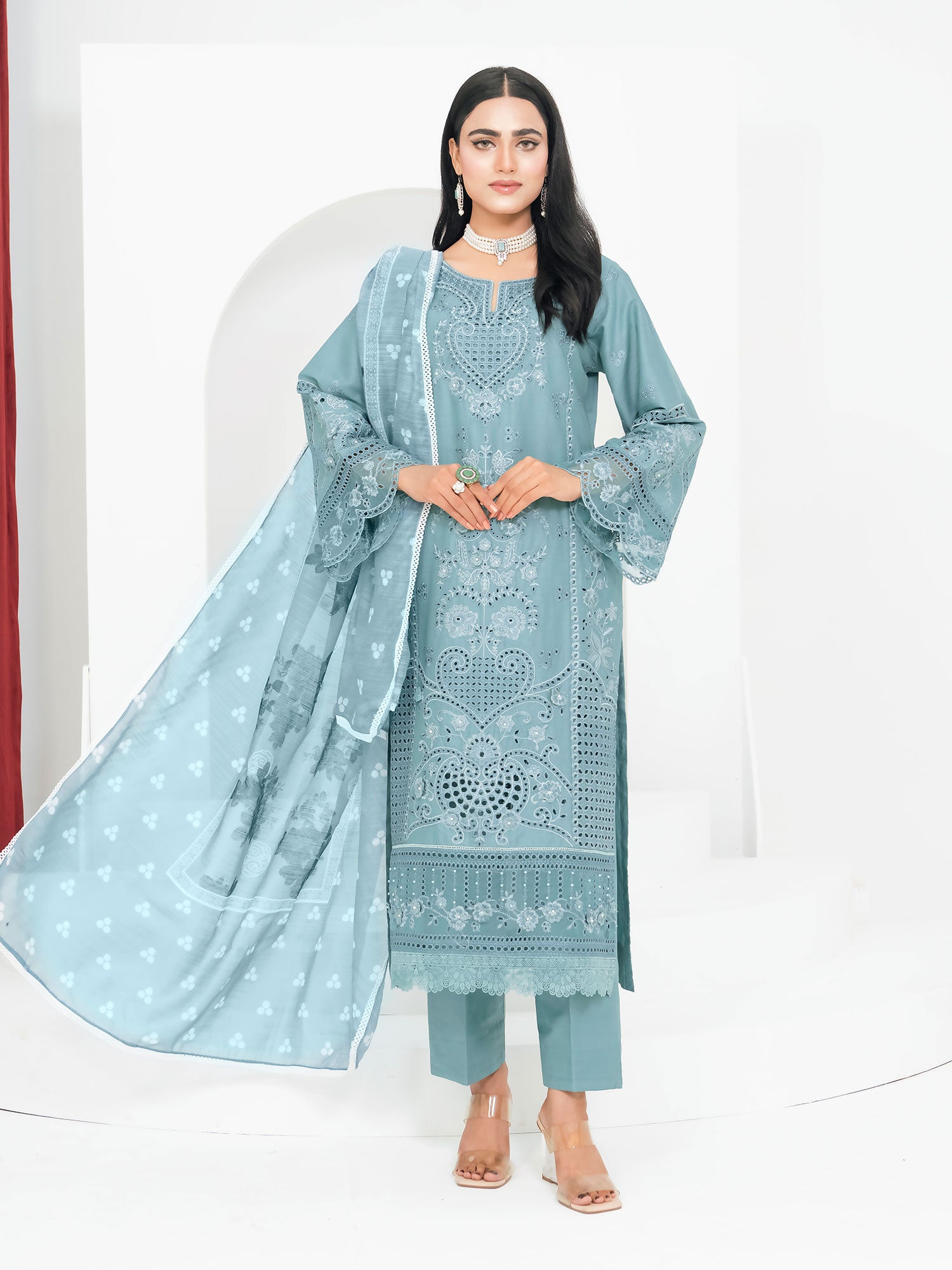 Aqua Blue Schiffli Embroidered Winter Linen Suit