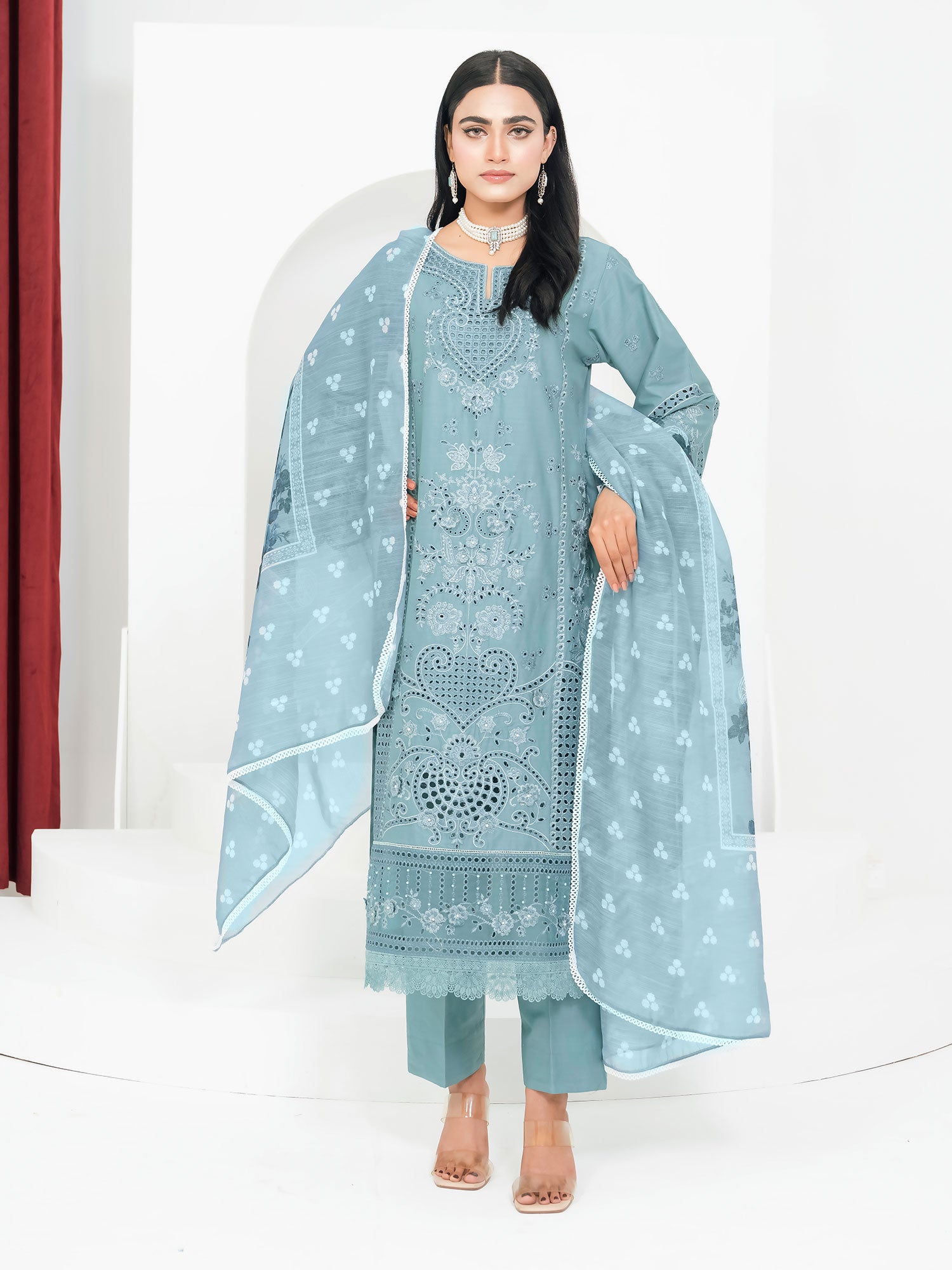 Aqua Blue Schiffli Embroidered Winter Linen Suit