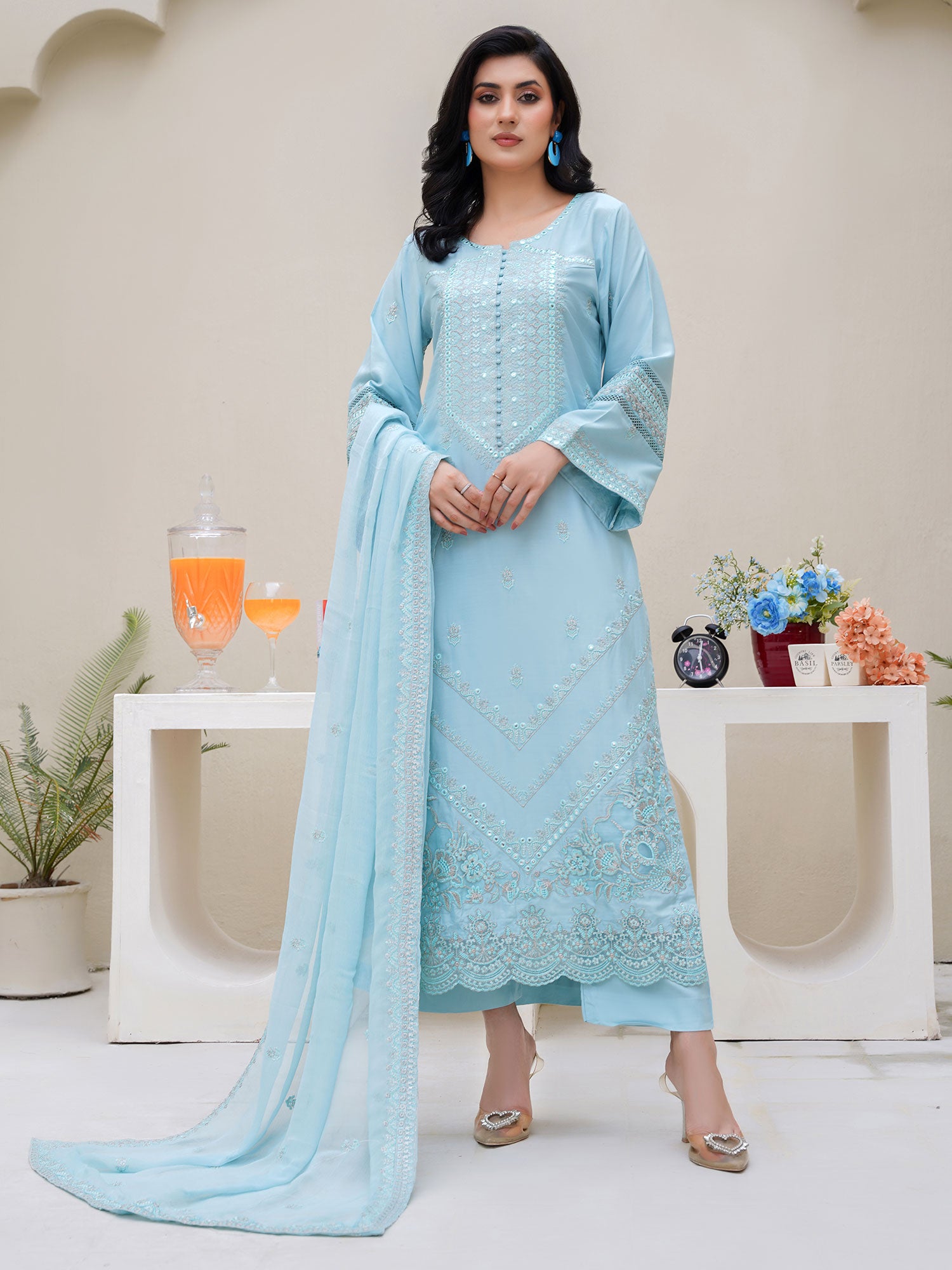 Sky Blue Embroidered Winter Linen Suit