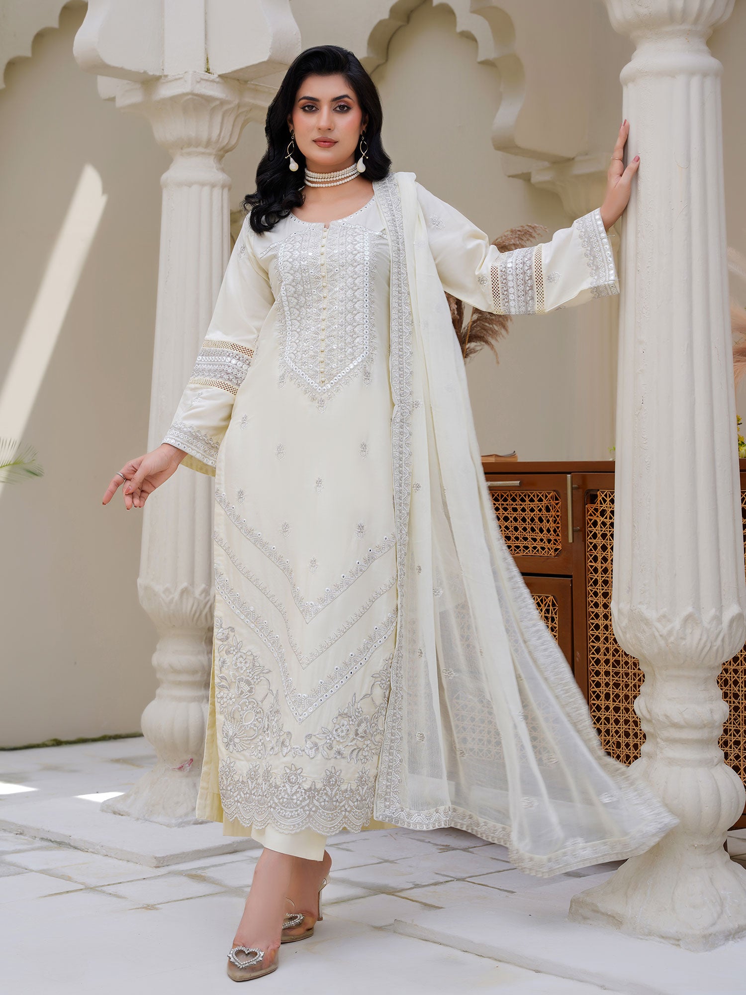 Cream Embroidered Winter Linen Suit