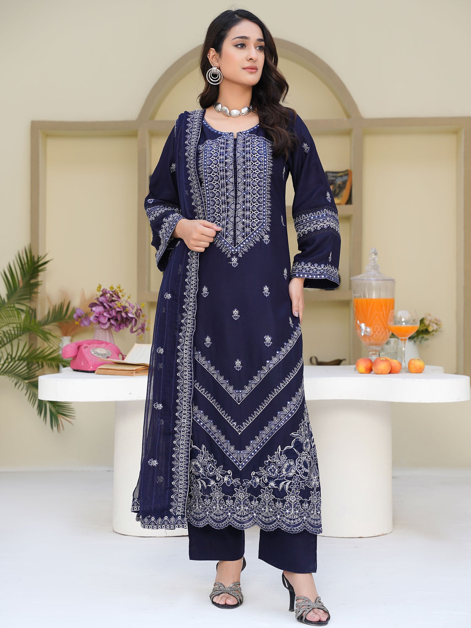 Navy Blue Embroidered Winter Linen Suit