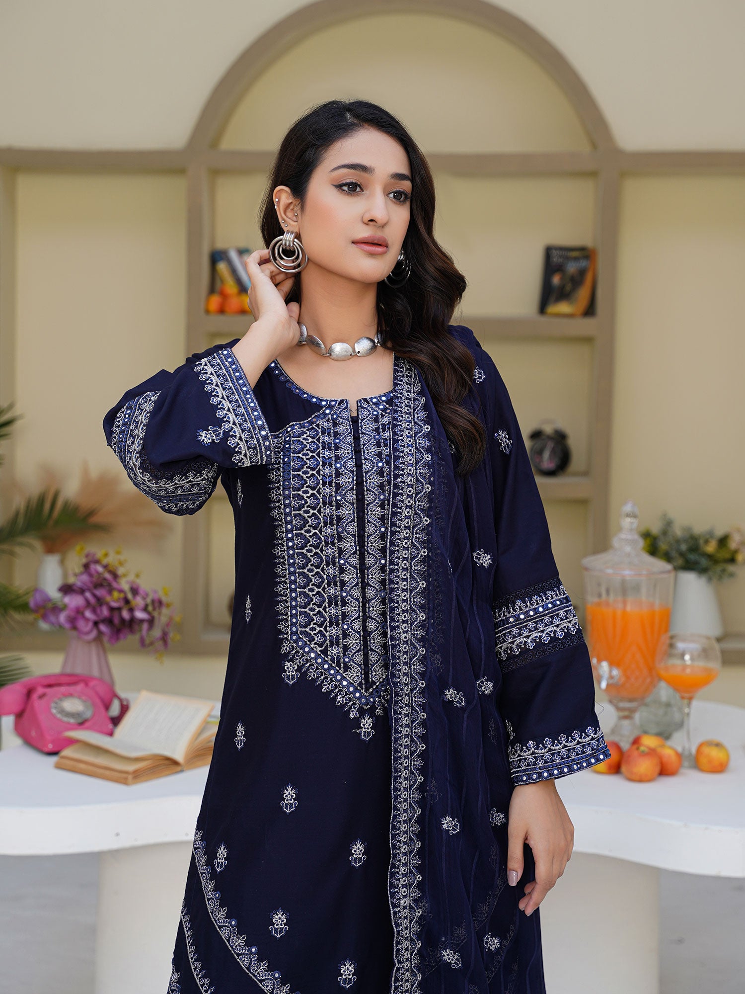 Navy Blue Embroidered Winter Linen Suit