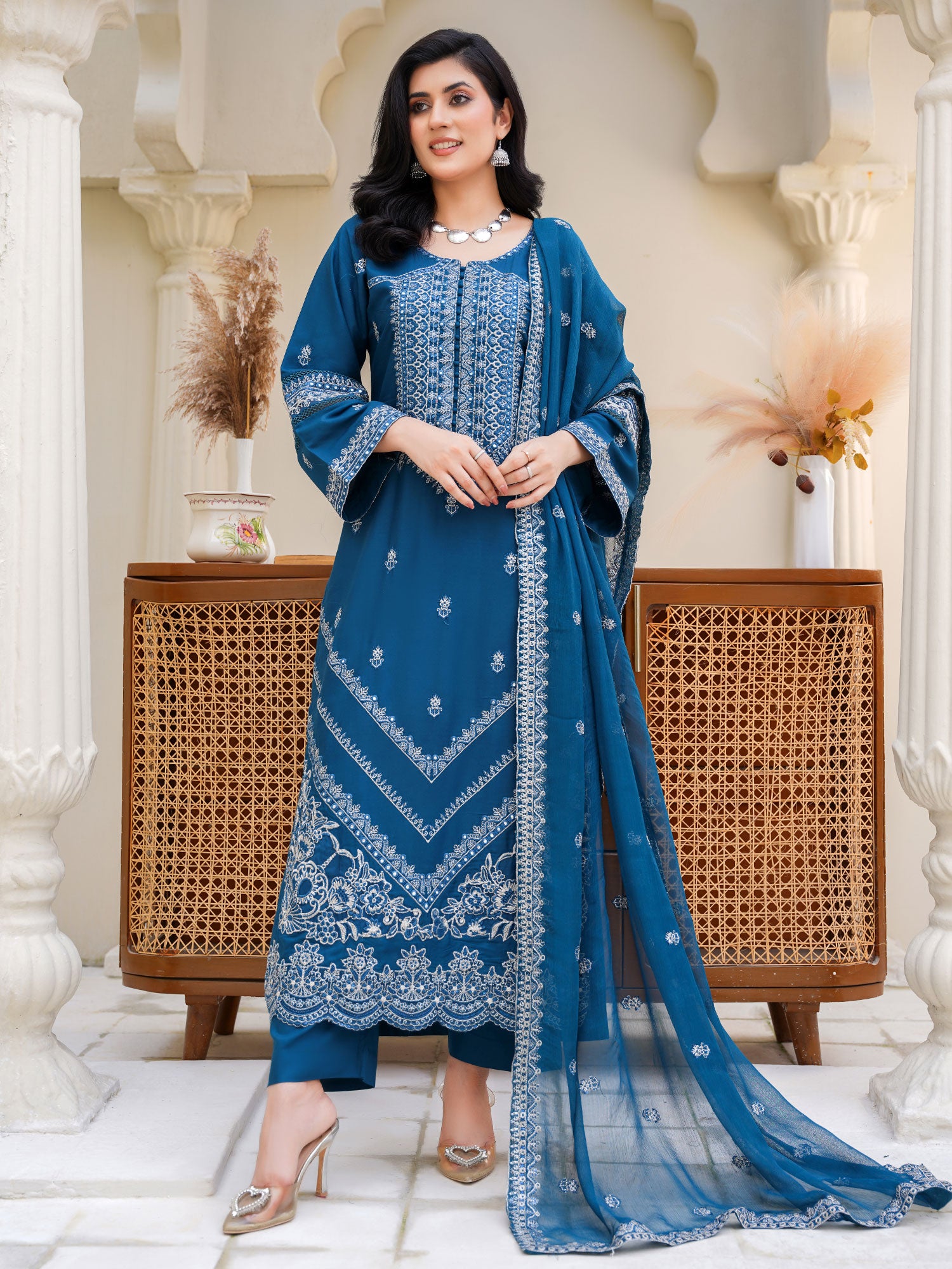 Zinc Blue Embroidered Winter Linen Suit