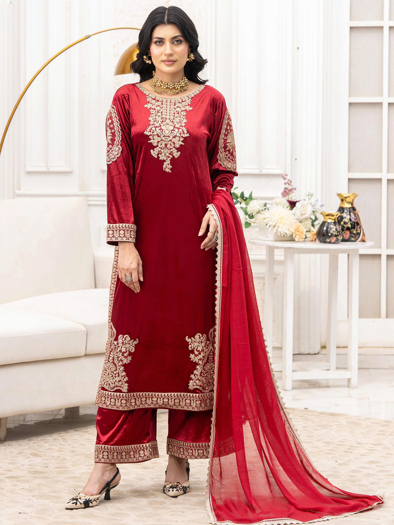 Rangz "Afreen" Velvet Embroidered 3-Piece Suit - Red