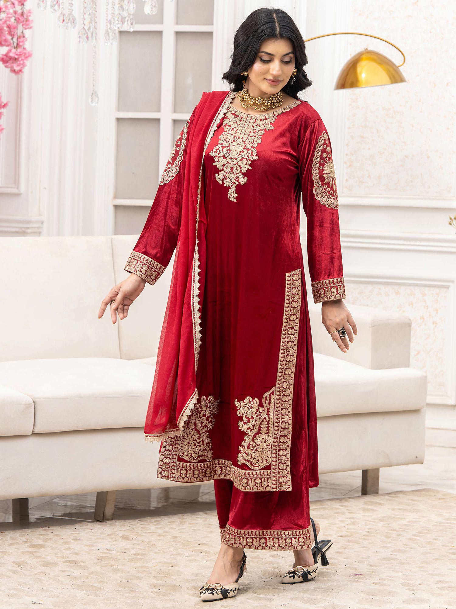 Rangz "Afreen" Velvet Embroidered 3-Piece Suit - Red