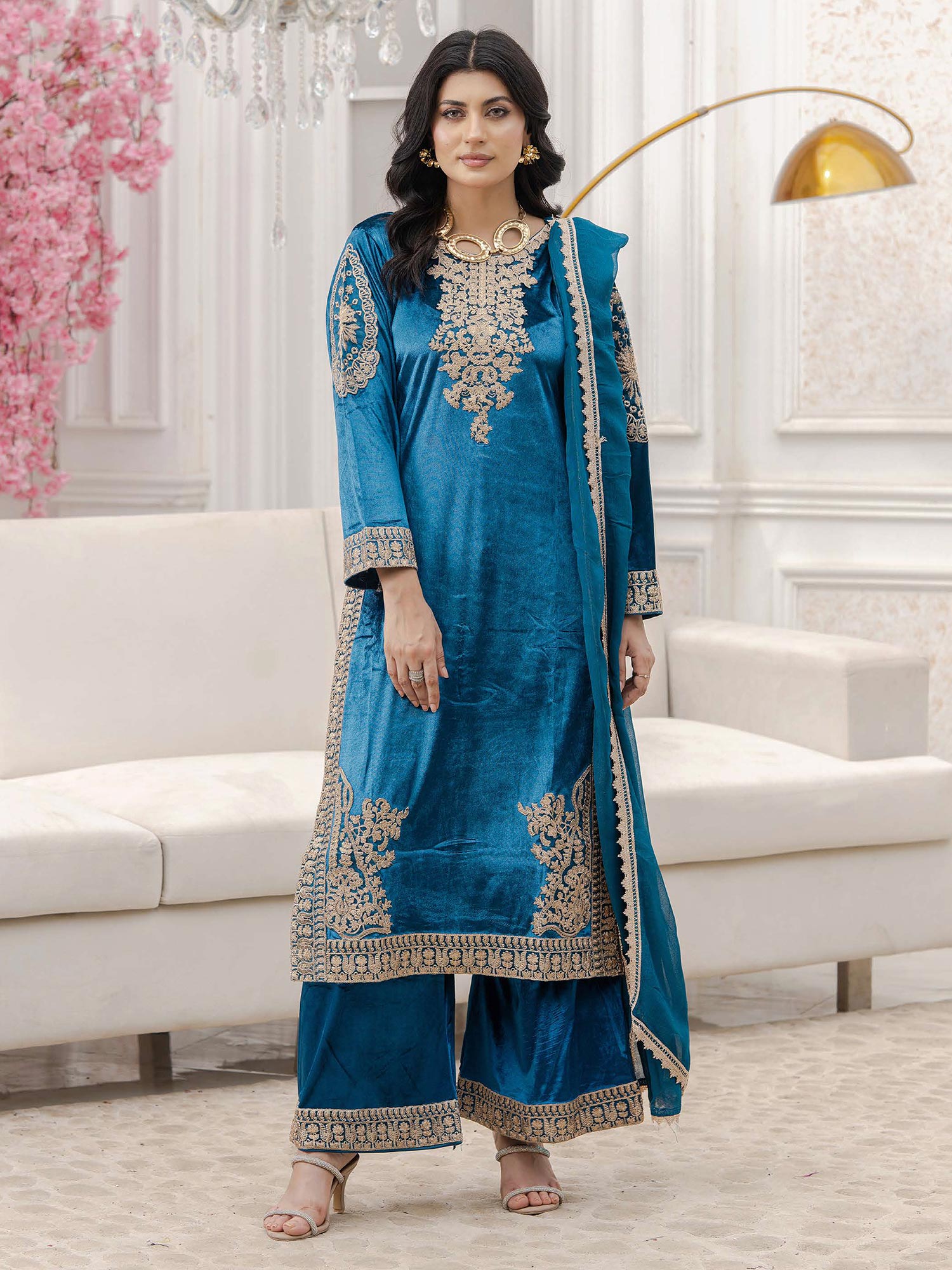Rangz "Afreen" Velvet Embroidered 3-Piece Suit - Zinc