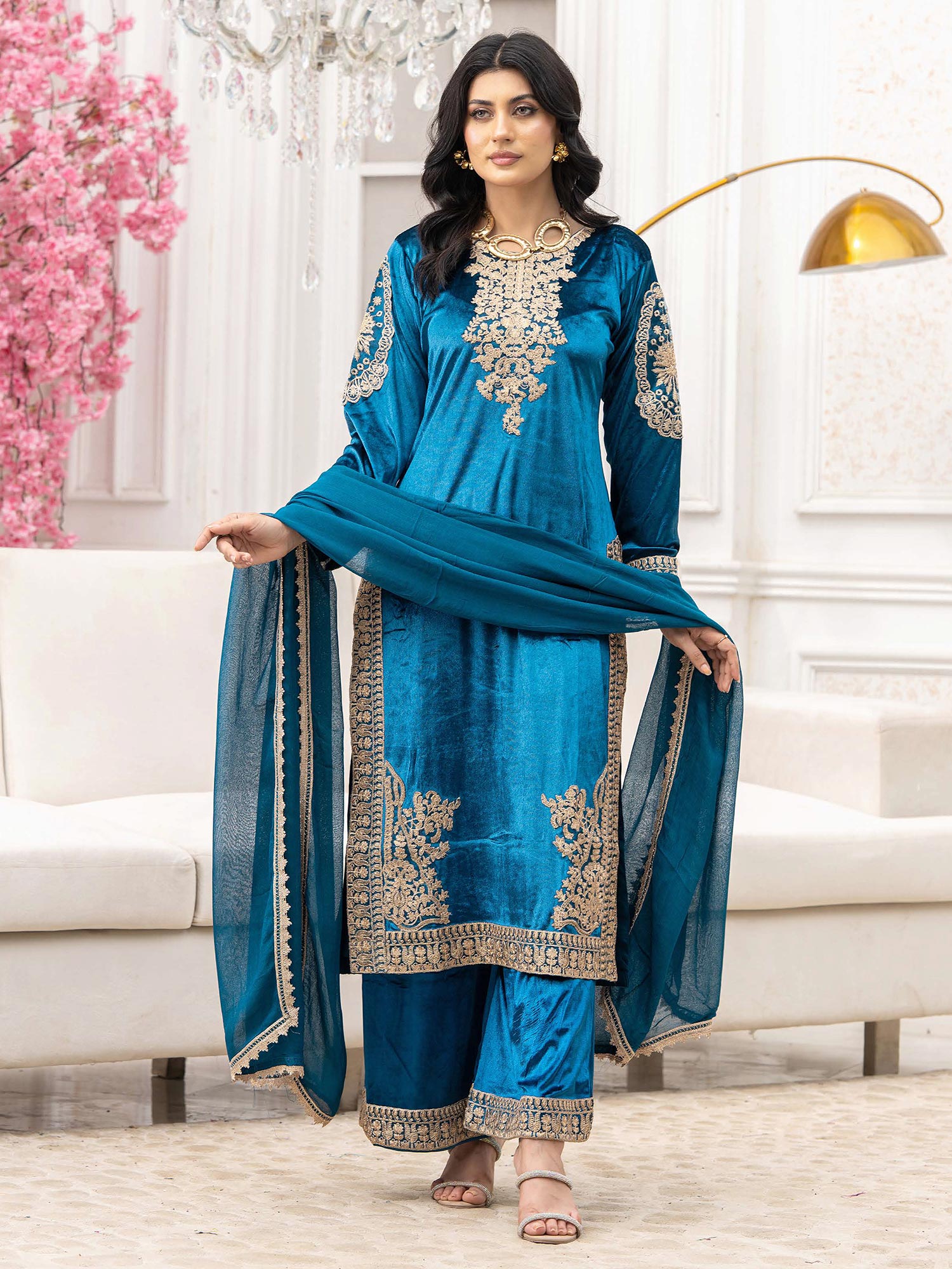 Rangz "Afreen" Velvet Embroidered 3-Piece Suit - Zinc
