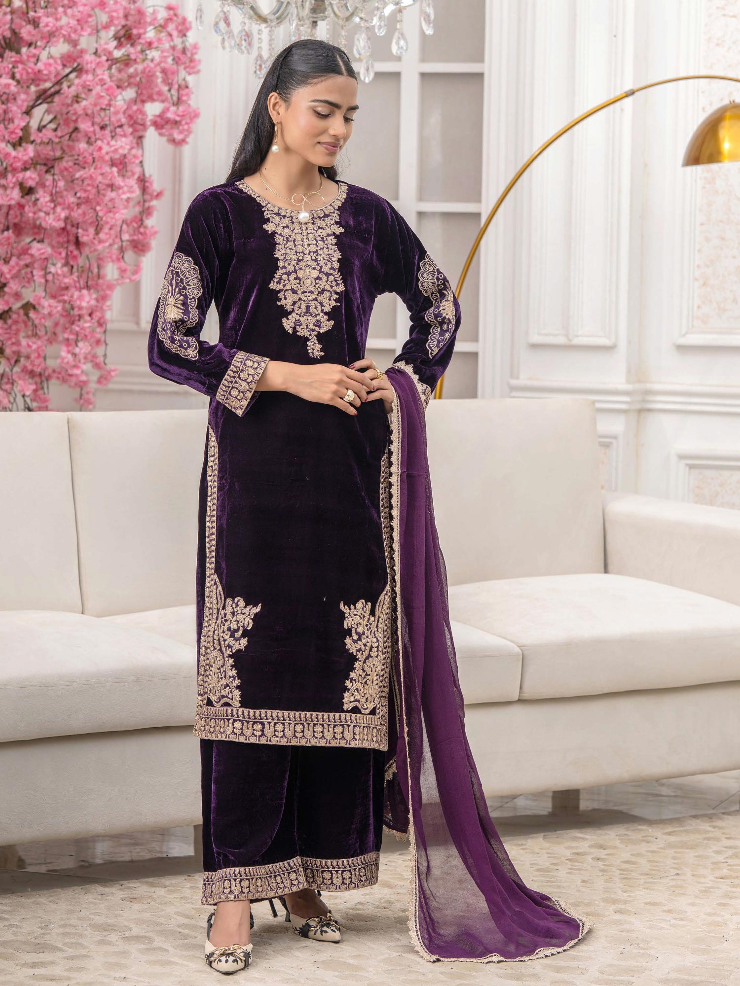 Rangz "Afreen" Velvet Embroidered 3-Piece Suit - Purple