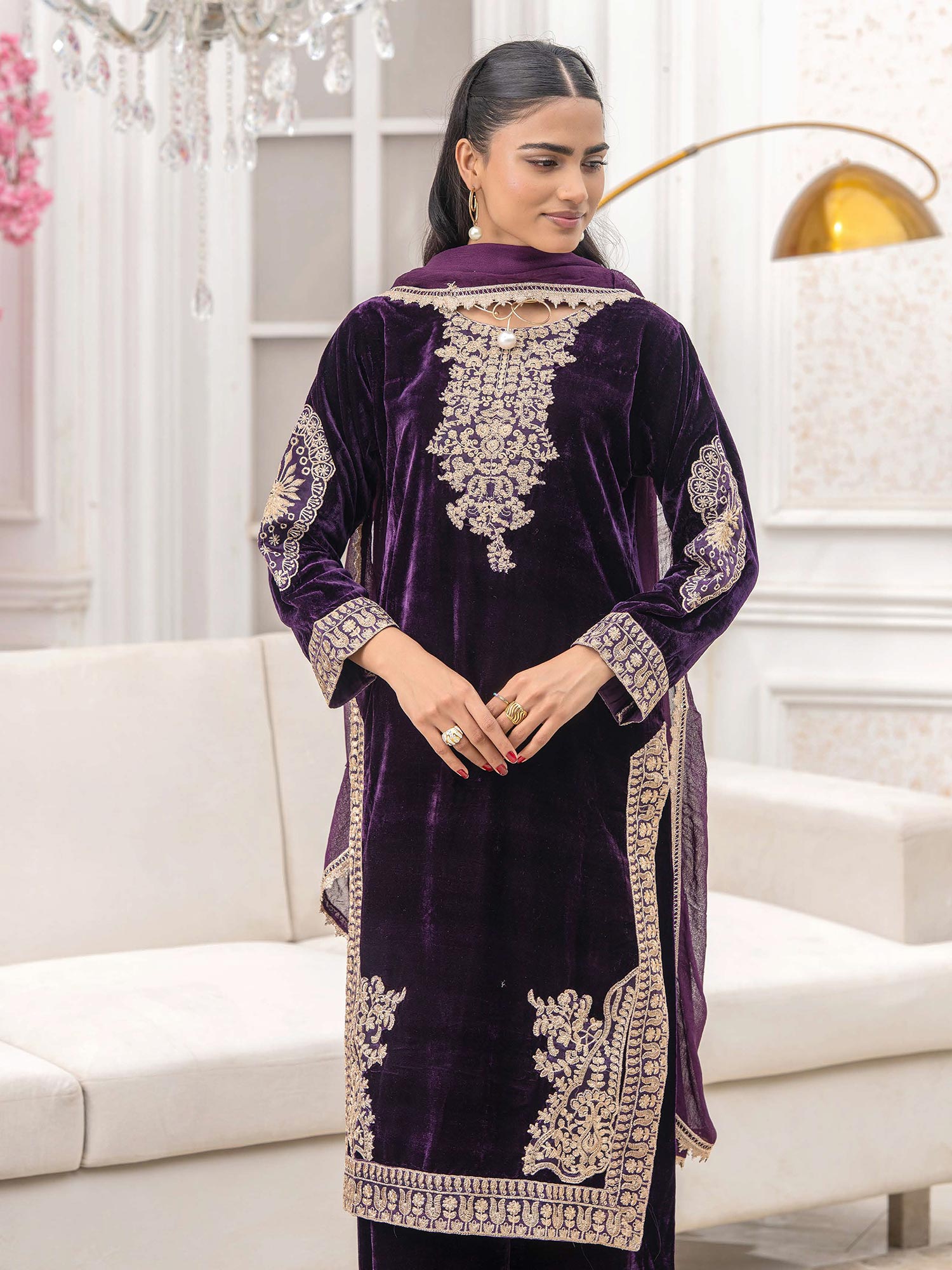 Rangz "Afreen" Velvet Embroidered 3-Piece Suit - Purple