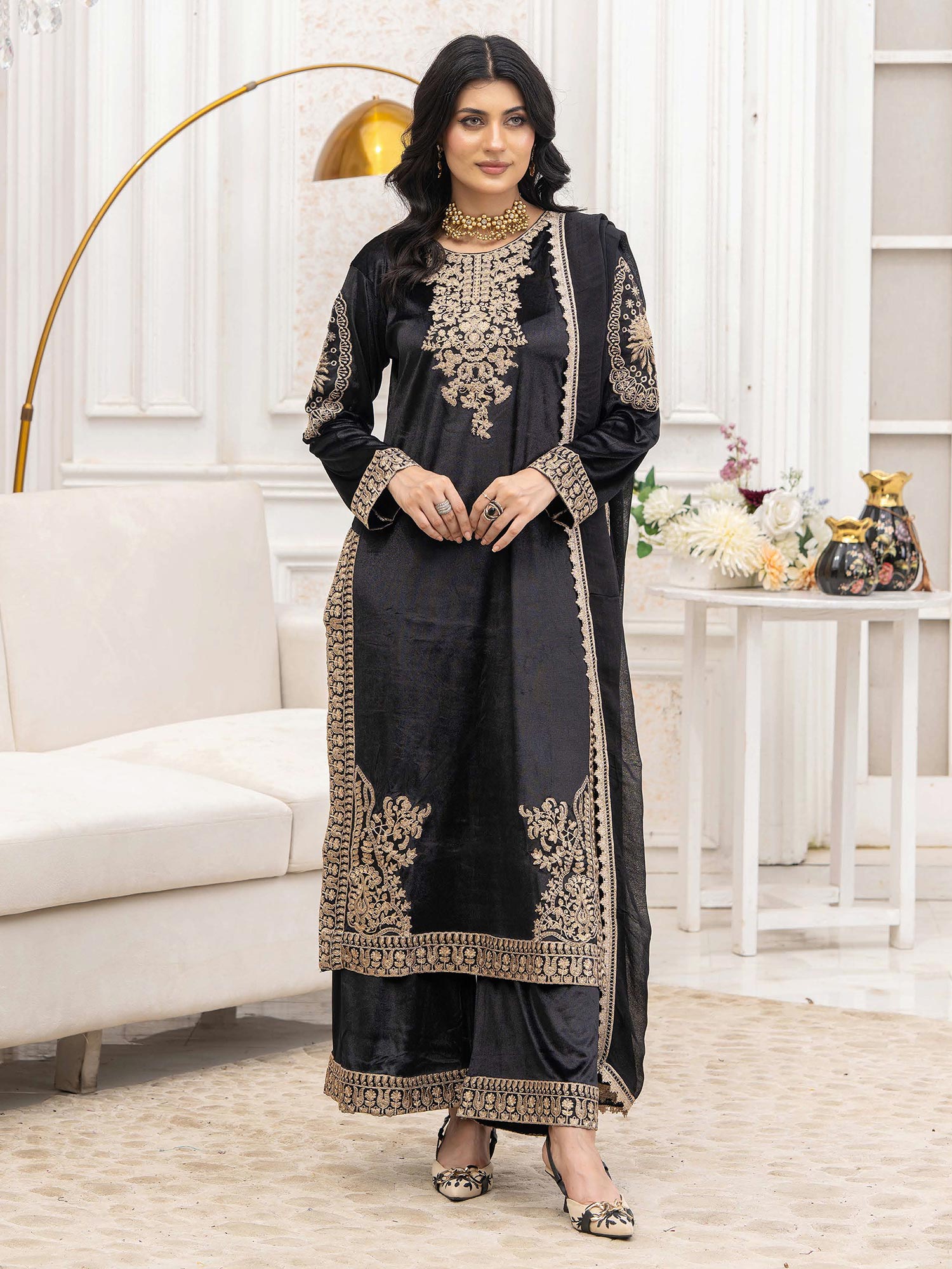 Rangz "Afreen" Velvet Embroidered 3-Piece Suit - Black