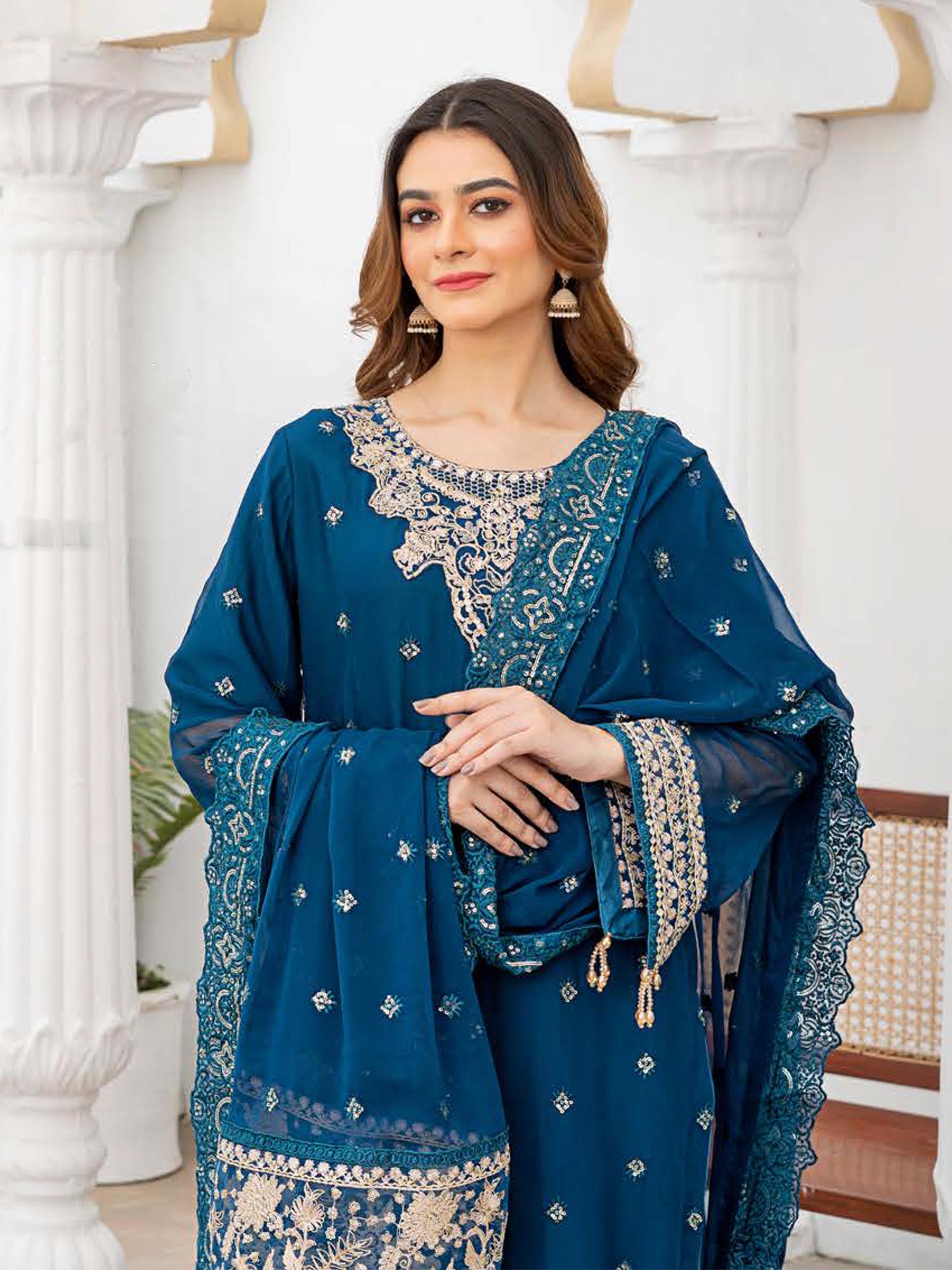 Rangz Luxury Embroidered Chiffon Suit - Zinc