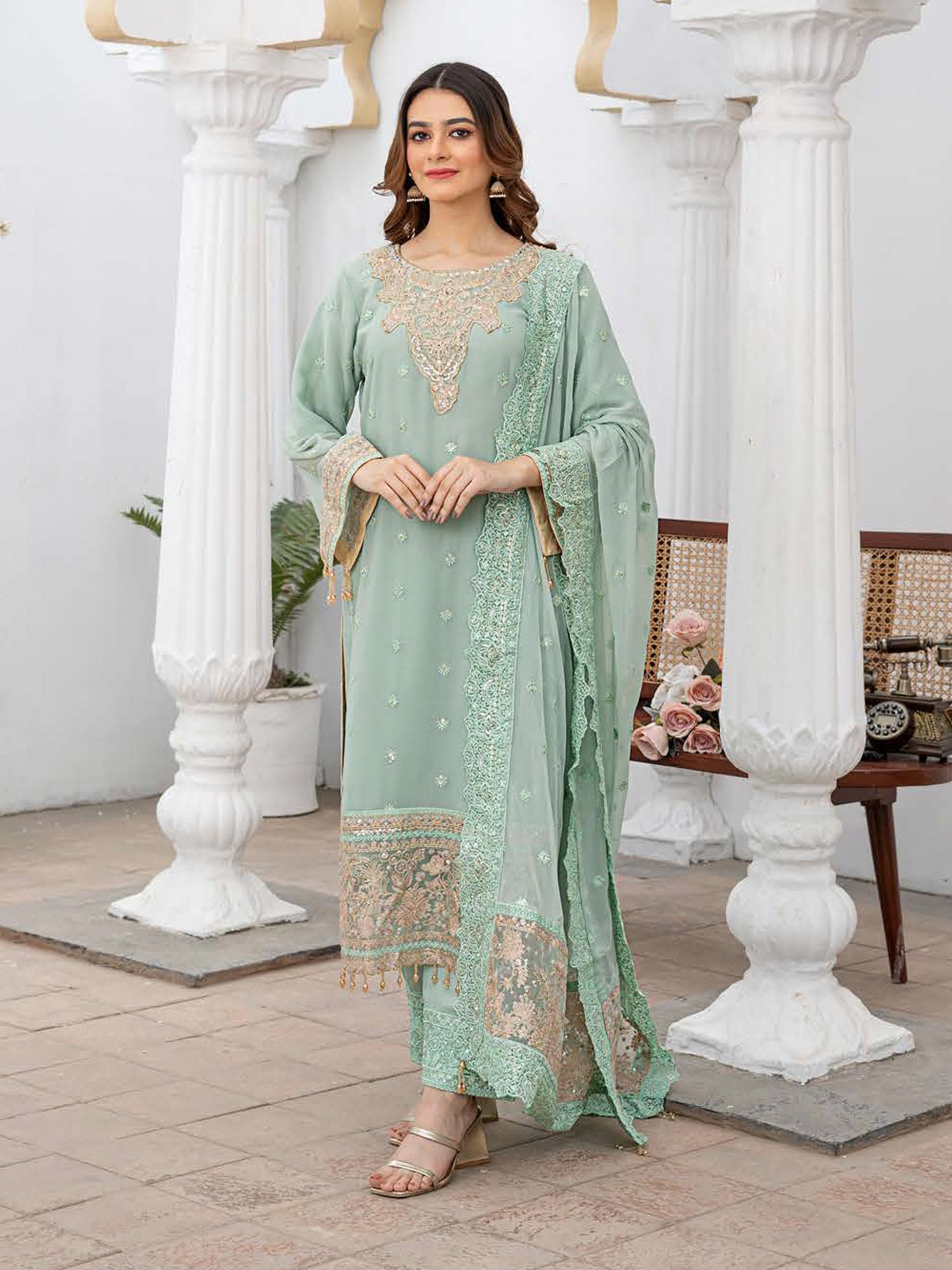 Rangz Luxury Embroidered Chiffon Suit - Aqua