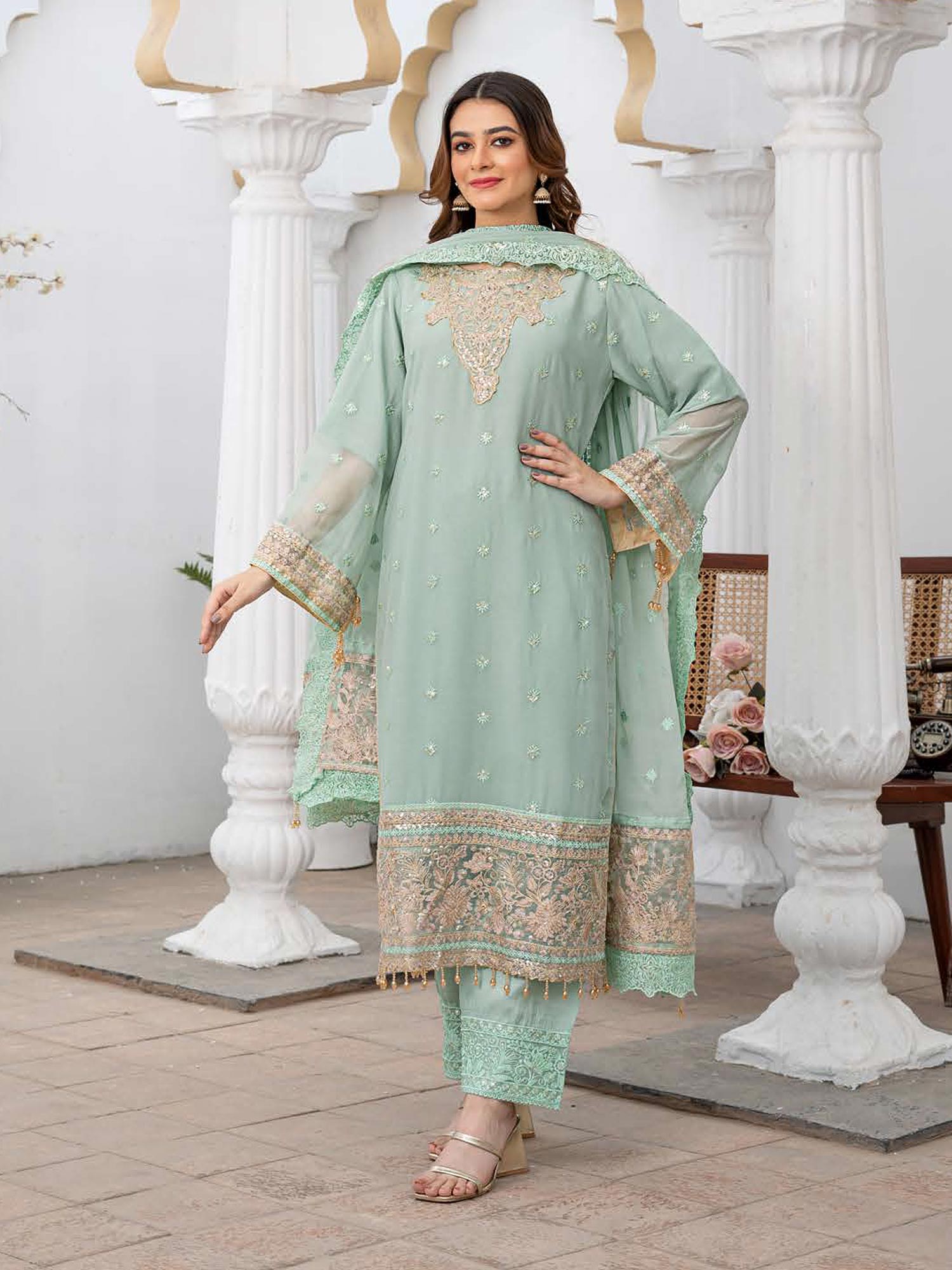 Rangz Luxury Embroidered Chiffon Suit - Aqua