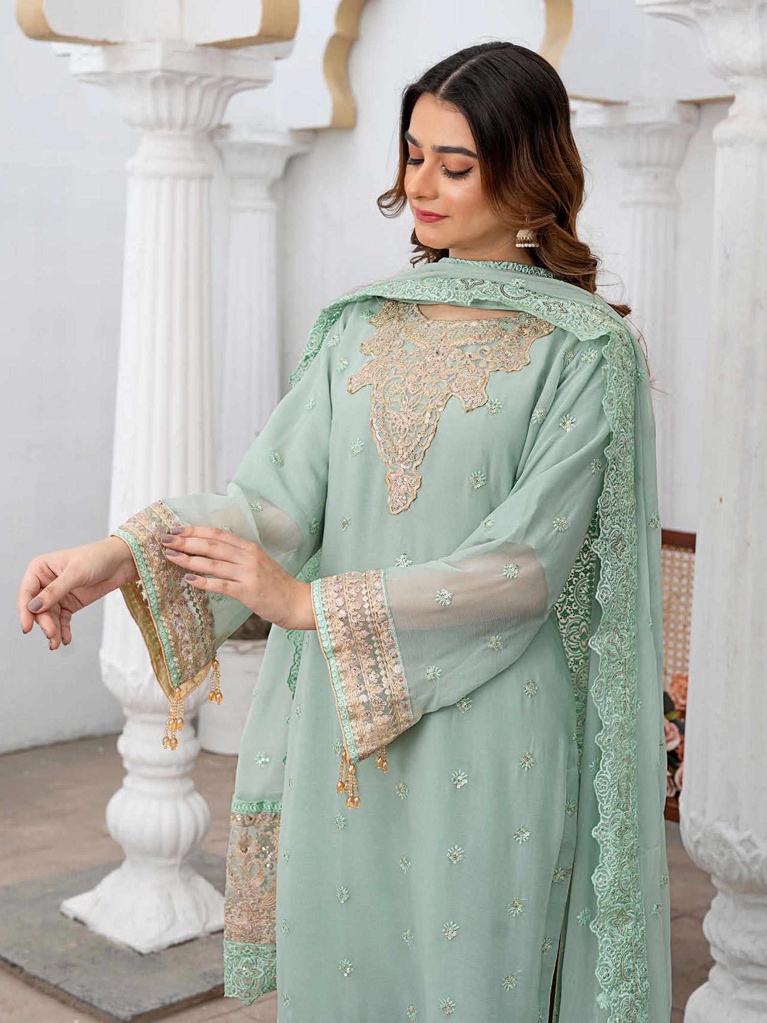 Rangz Luxury Embroidered Chiffon Suit - Aqua