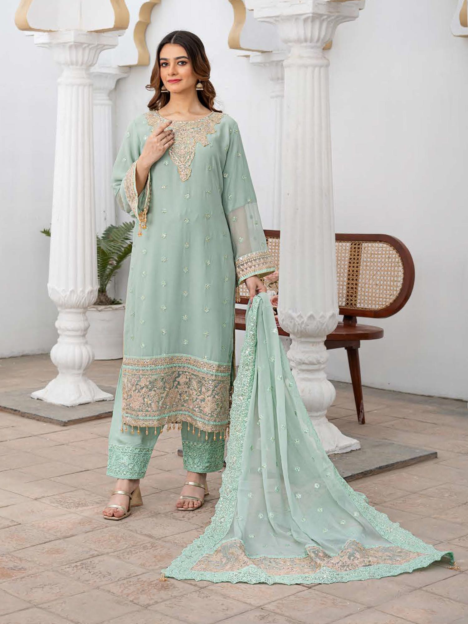 Rangz Luxury Embroidered Chiffon Suit - Aqua