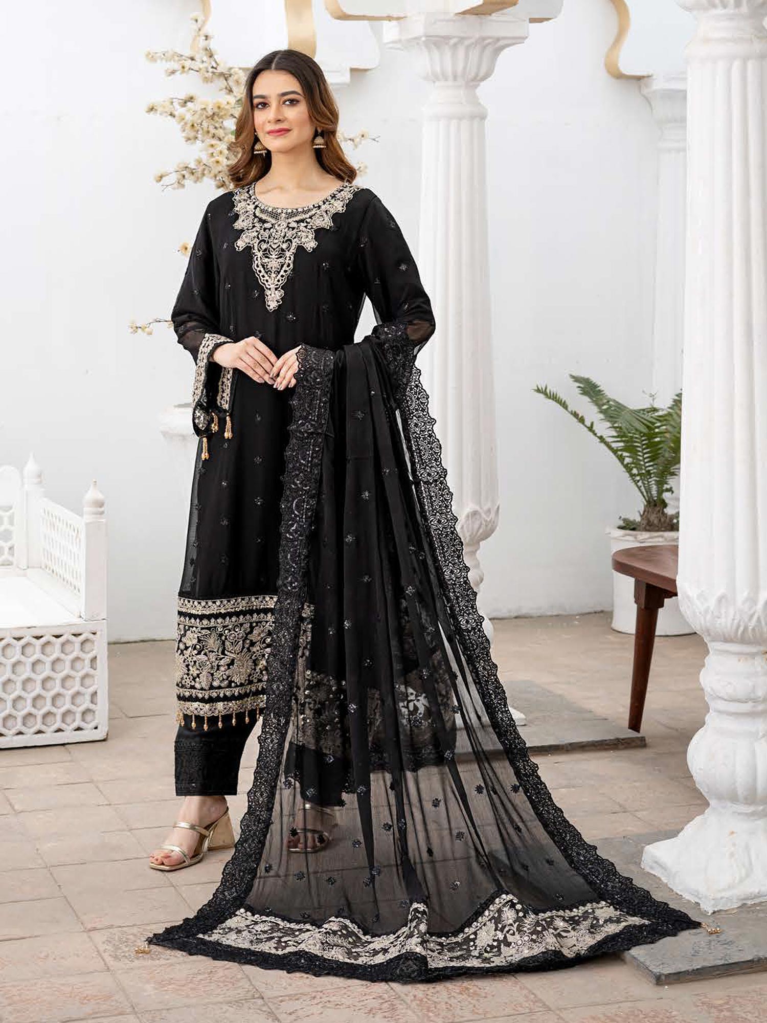 Rangz Luxury Embroidered Chiffon Suit - Black