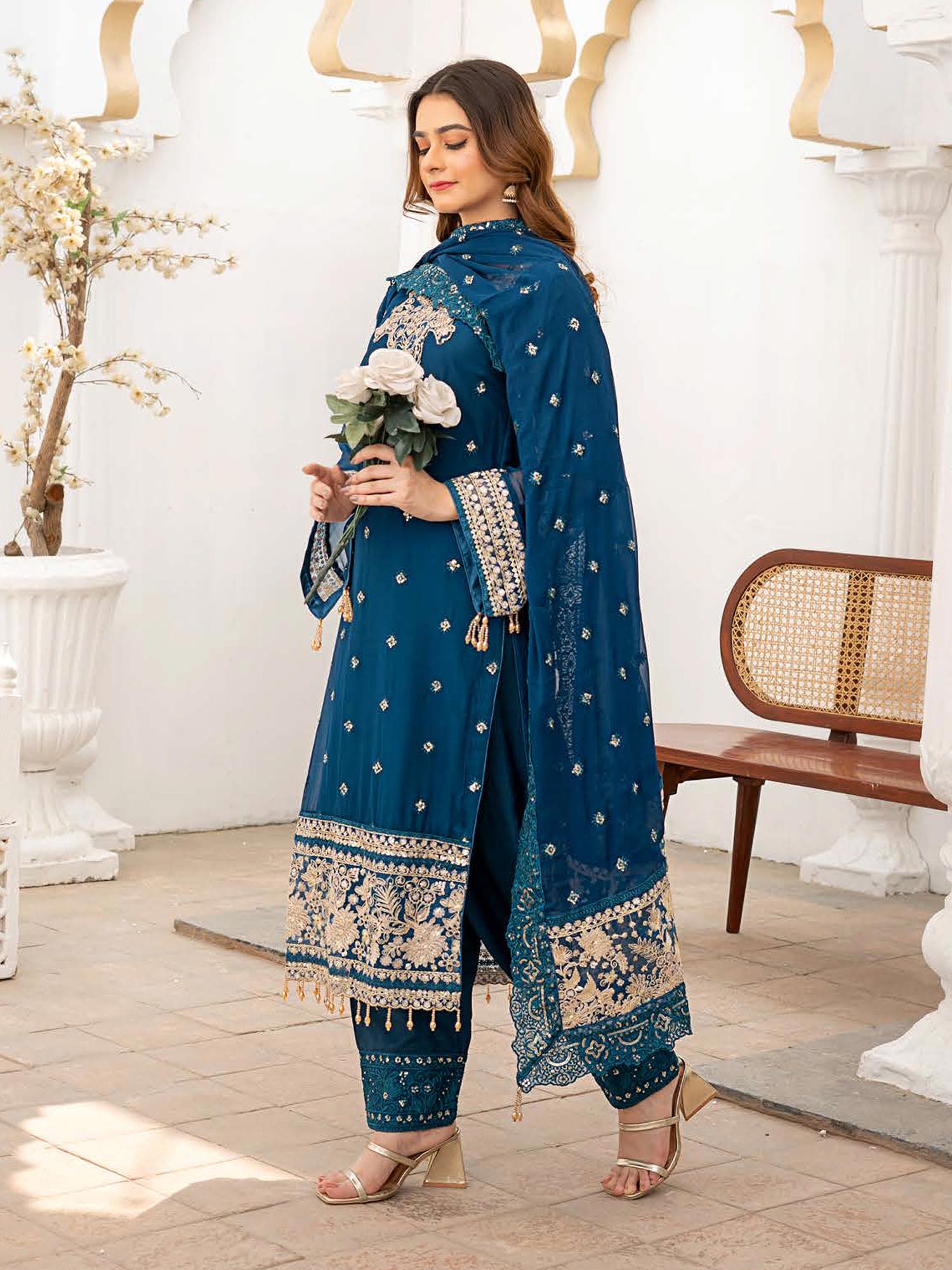 Rangz Luxury Embroidered Chiffon Suit - Zinc