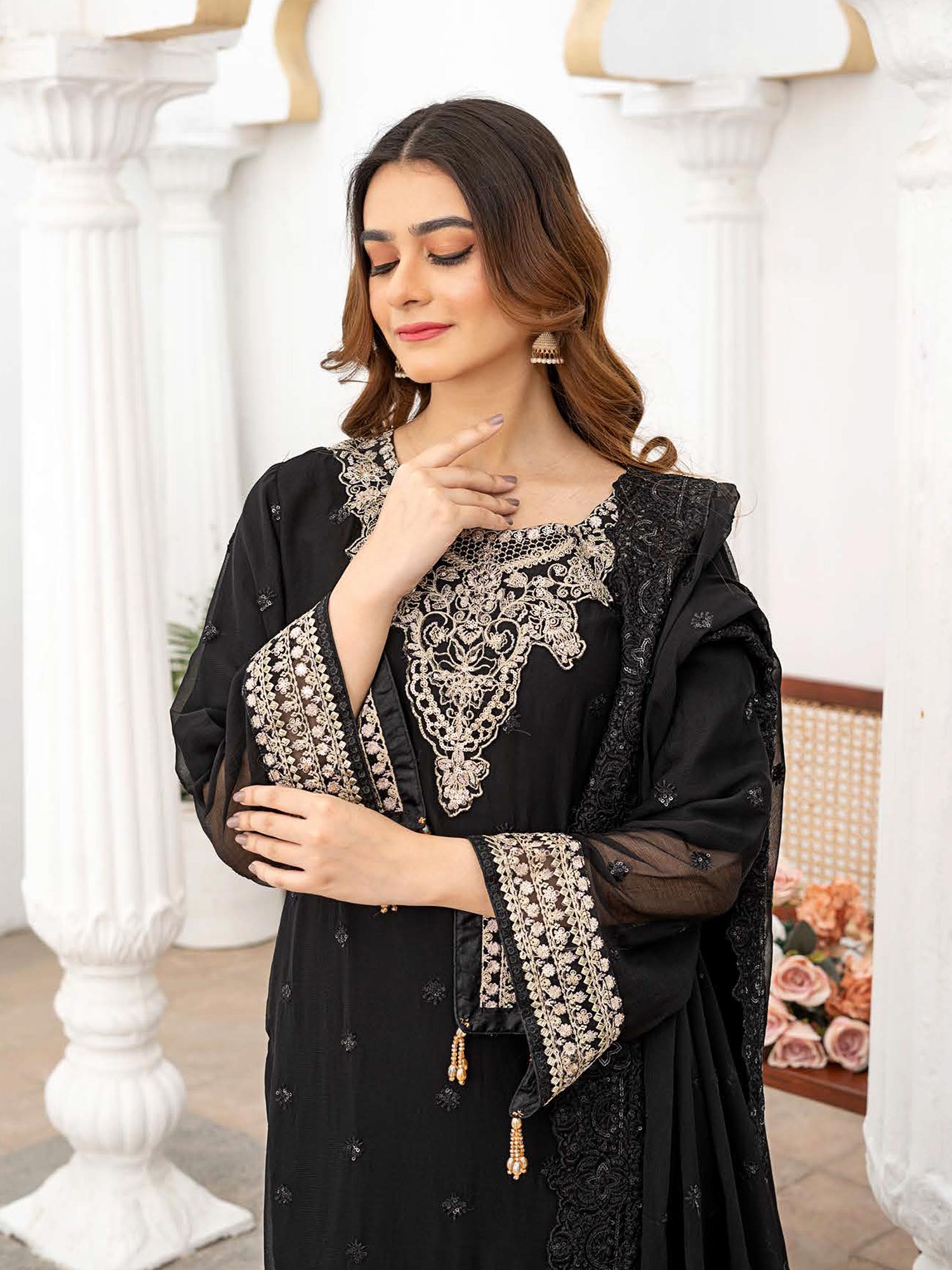 Rangz Luxury Embroidered Chiffon Suit - Black