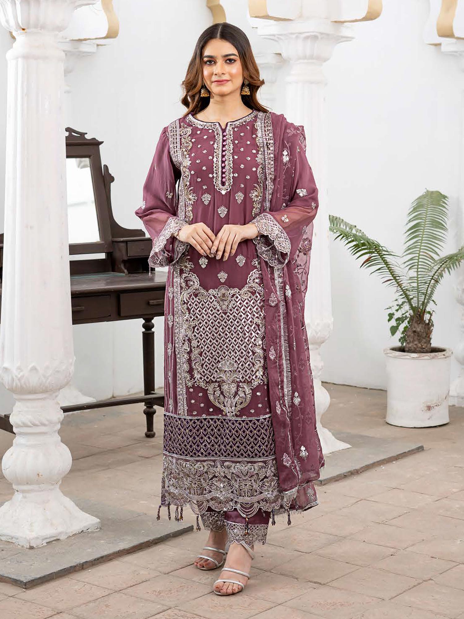 Rangz Luxury Embroidered Chiffon Suit - Grape