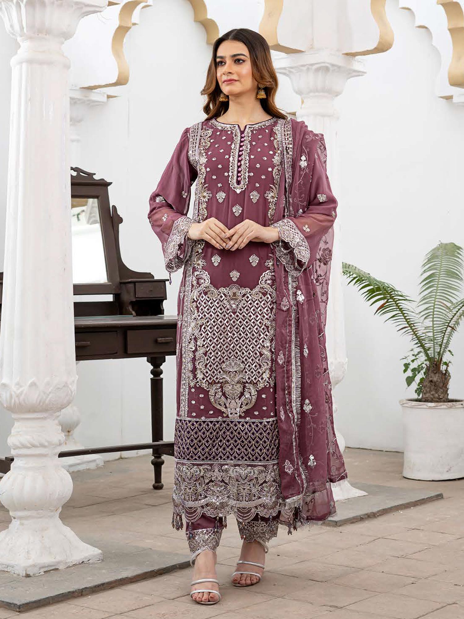Rangz Luxury Embroidered Chiffon Suit - Grape