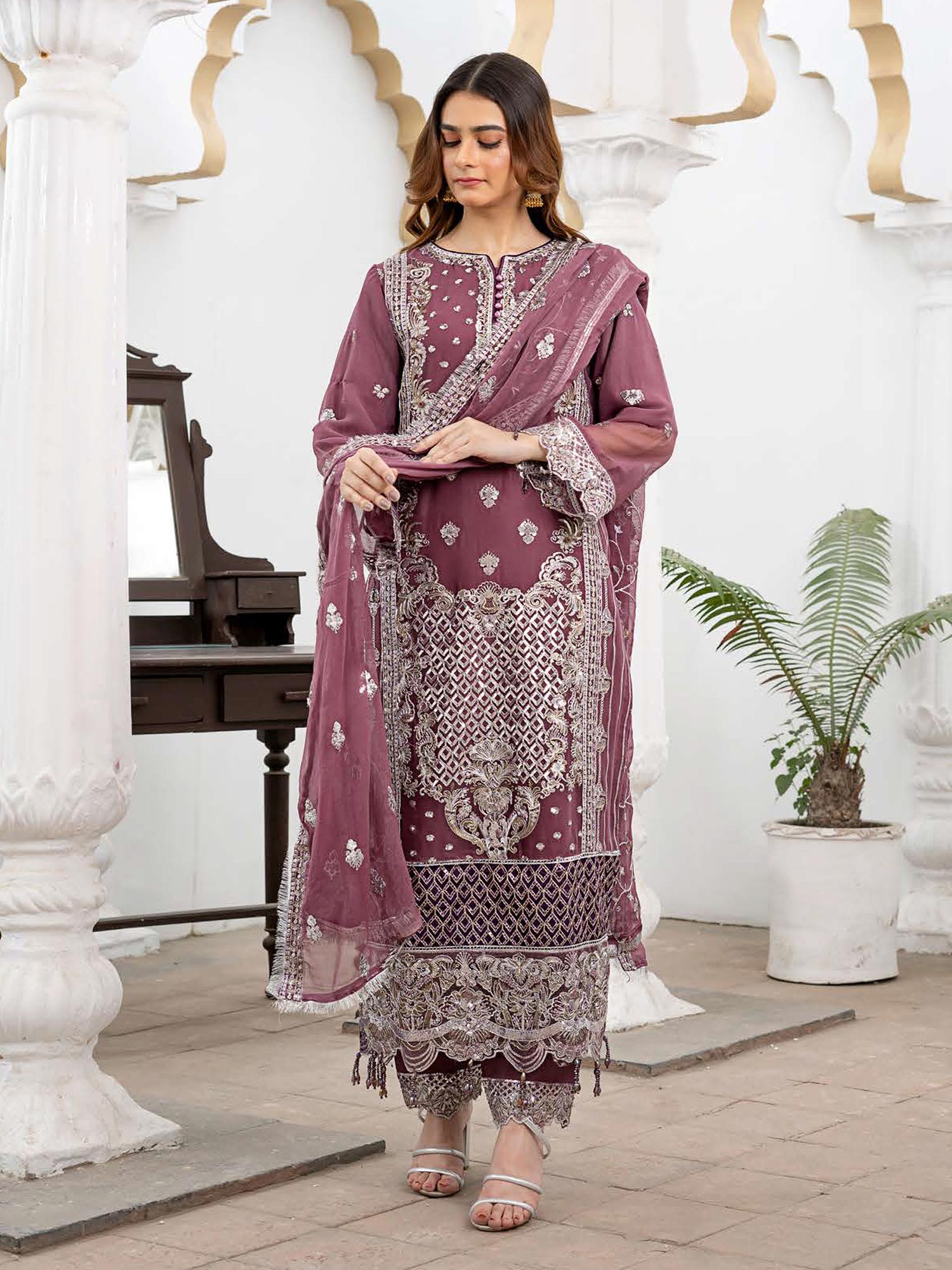 Rangz Luxury Embroidered Chiffon Suit - Grape