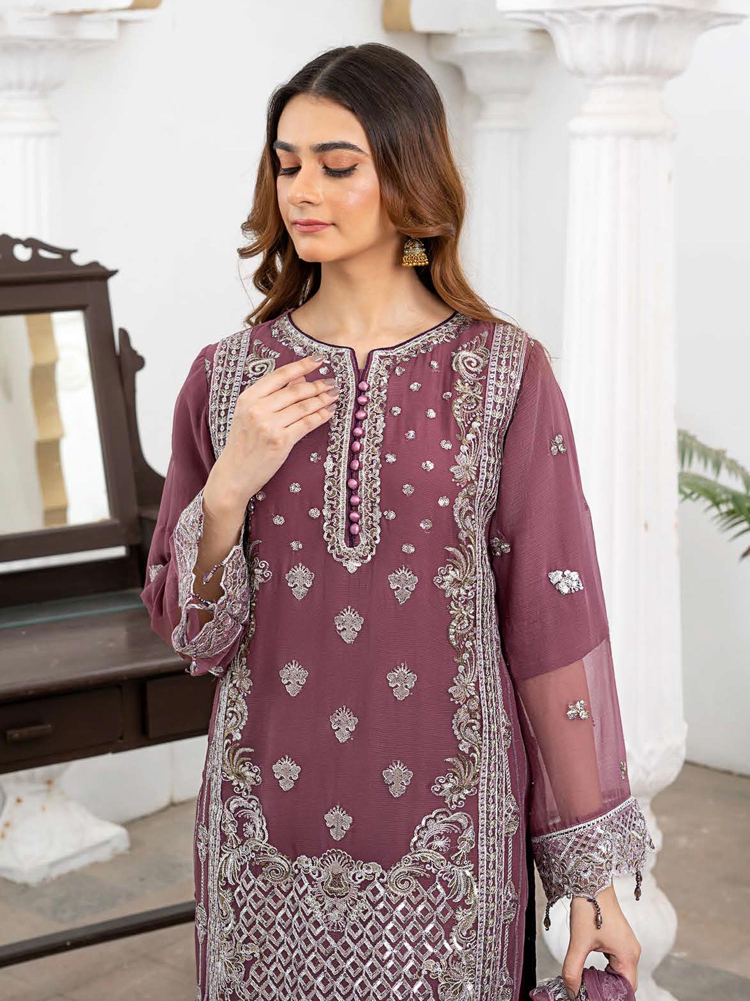 Rangz Luxury Embroidered Chiffon Suit - Grape