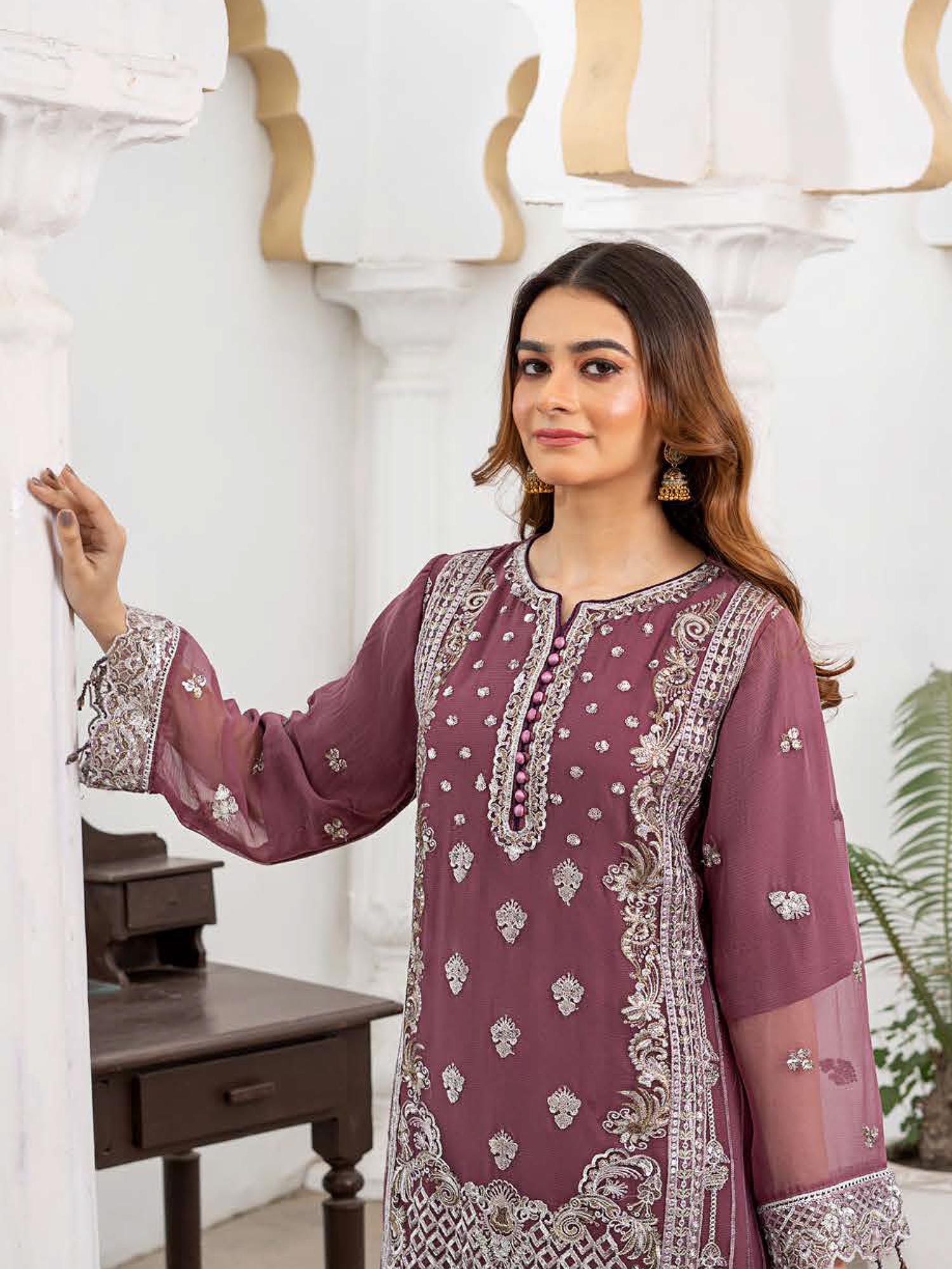 Rangz Luxury Embroidered Chiffon Suit - Grape