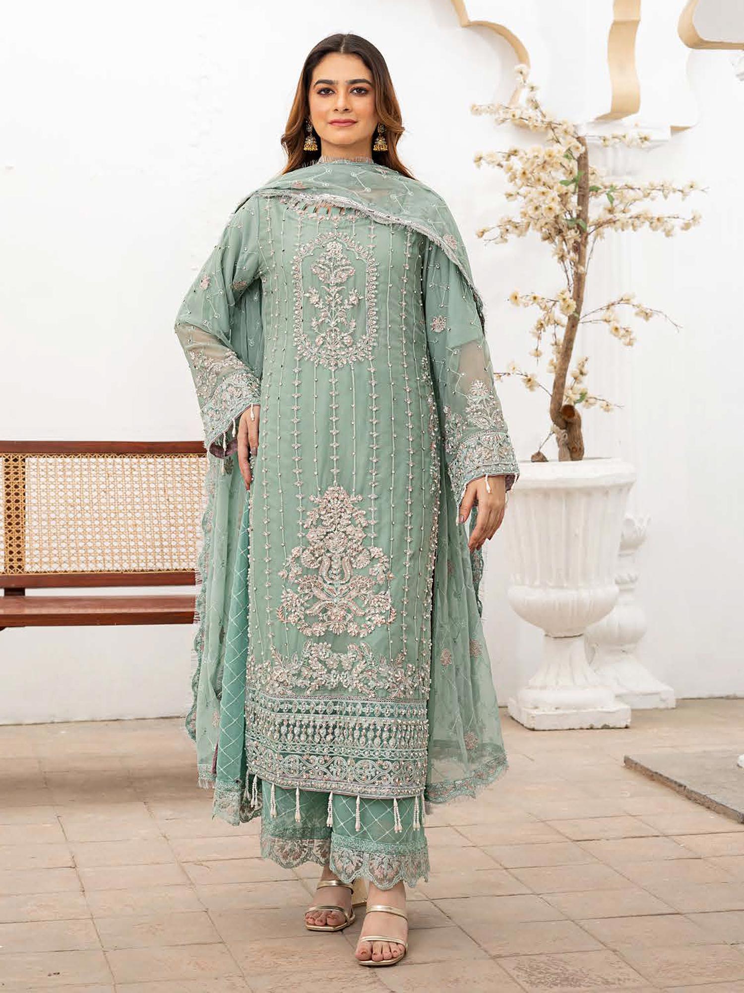 Rangz Luxury Embroidered Chiffon Suit - Sea Green