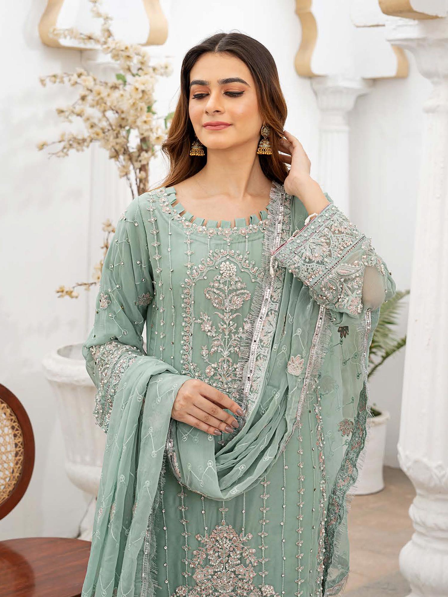 Rangz Luxury Embroidered Chiffon Suit - Sea Green