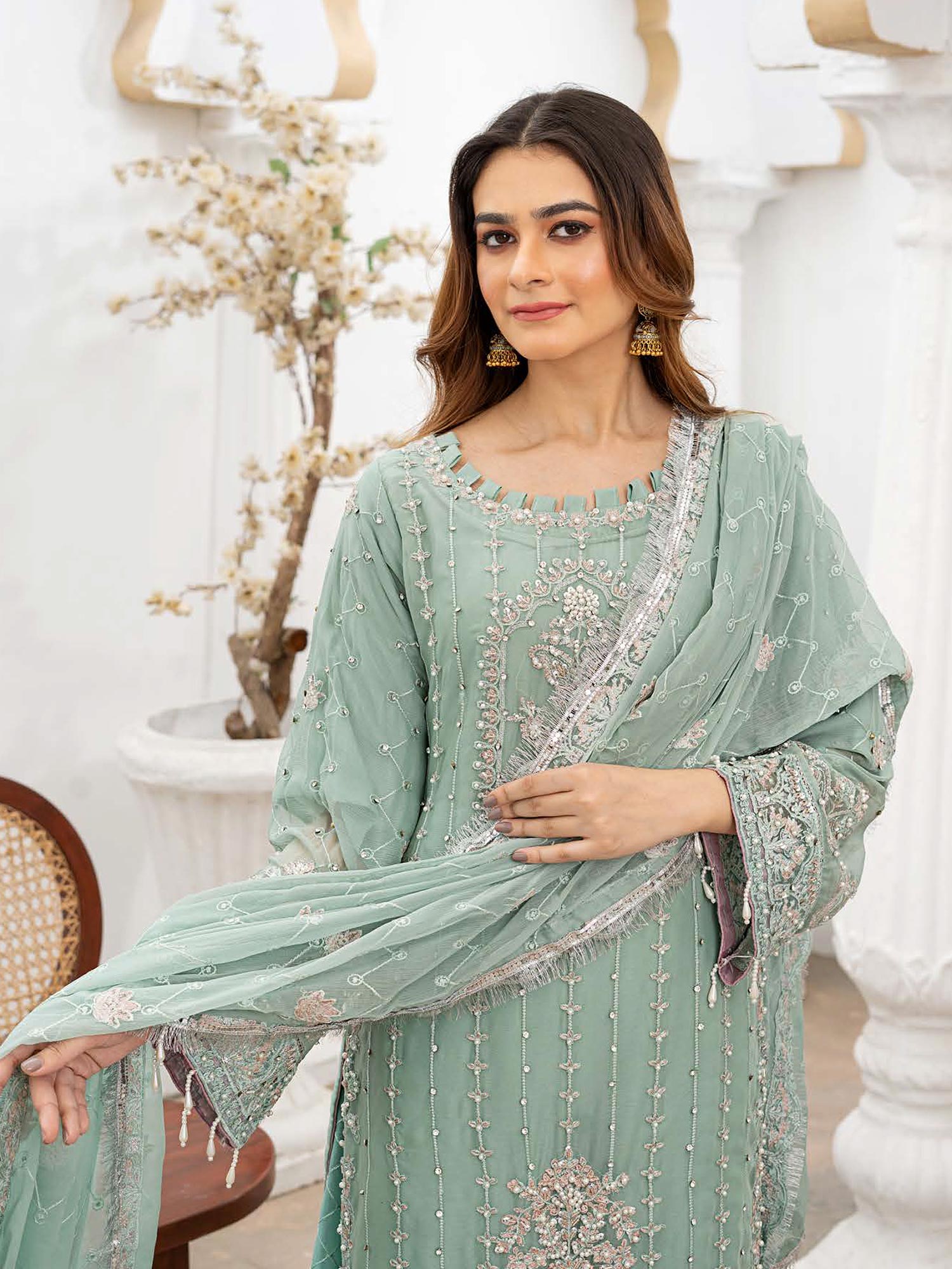 Rangz Luxury Embroidered Chiffon Suit - Sea Green