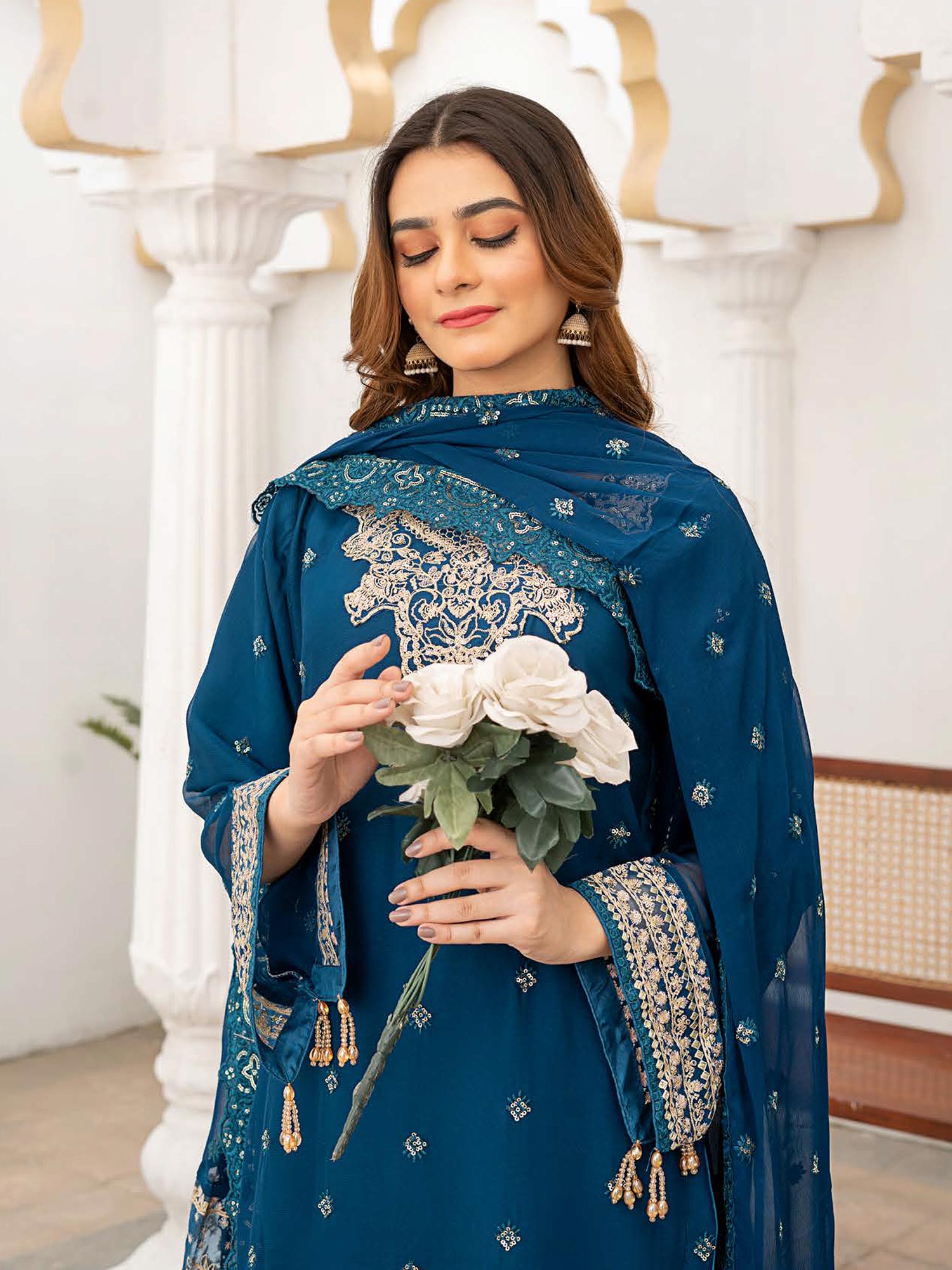 Rangz Luxury Embroidered Chiffon Suit - Zinc
