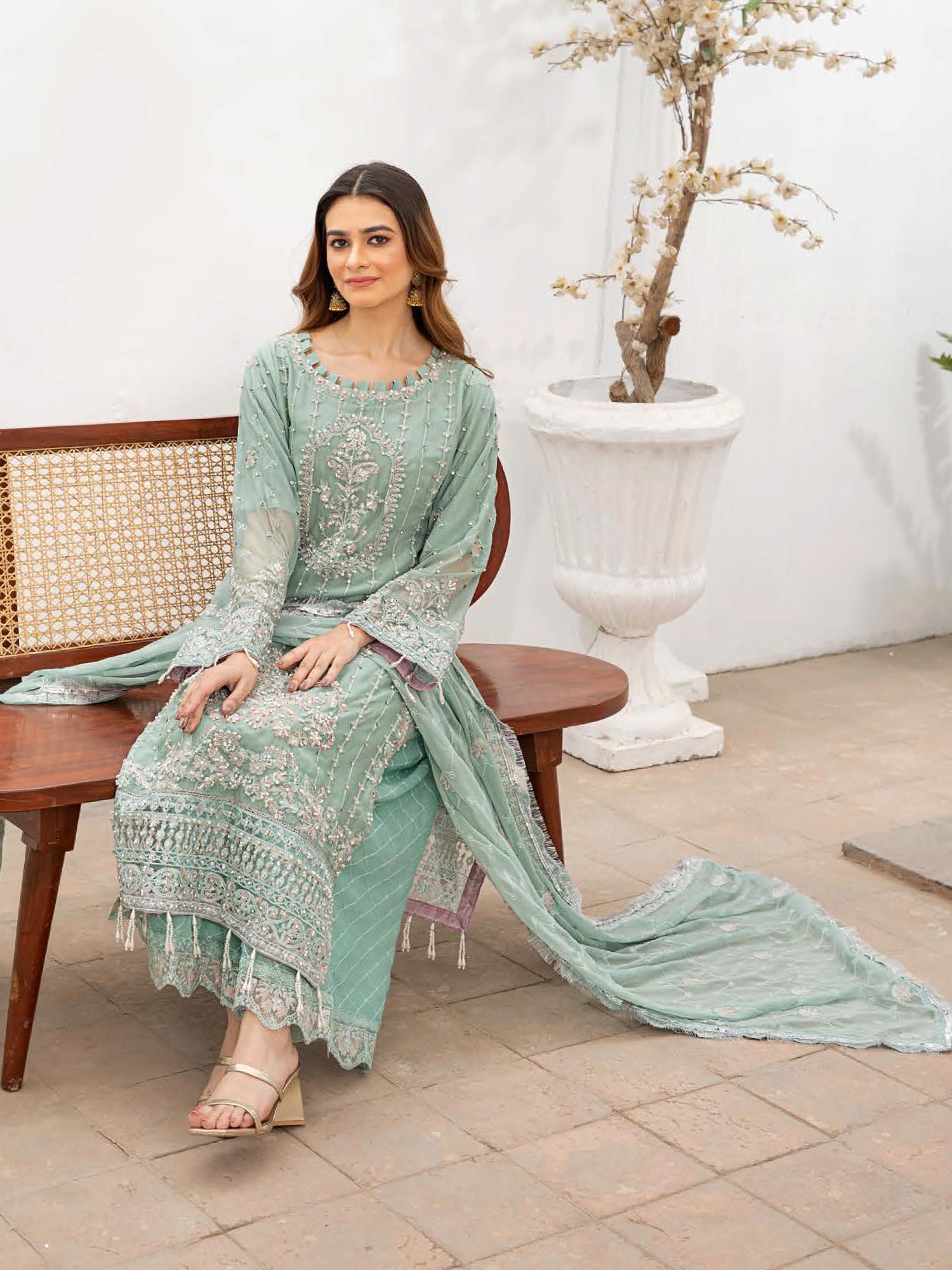 Rangz Luxury Embroidered Chiffon Suit - Sea Green