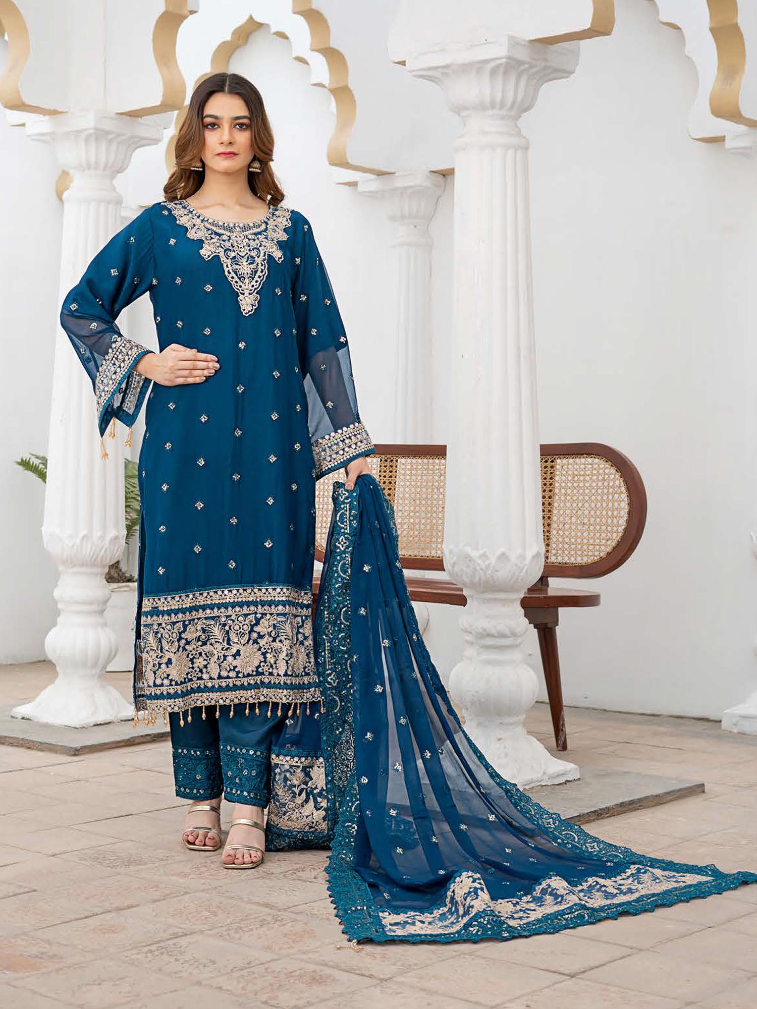 Rangz Luxury Embroidered Chiffon Suit - Zinc