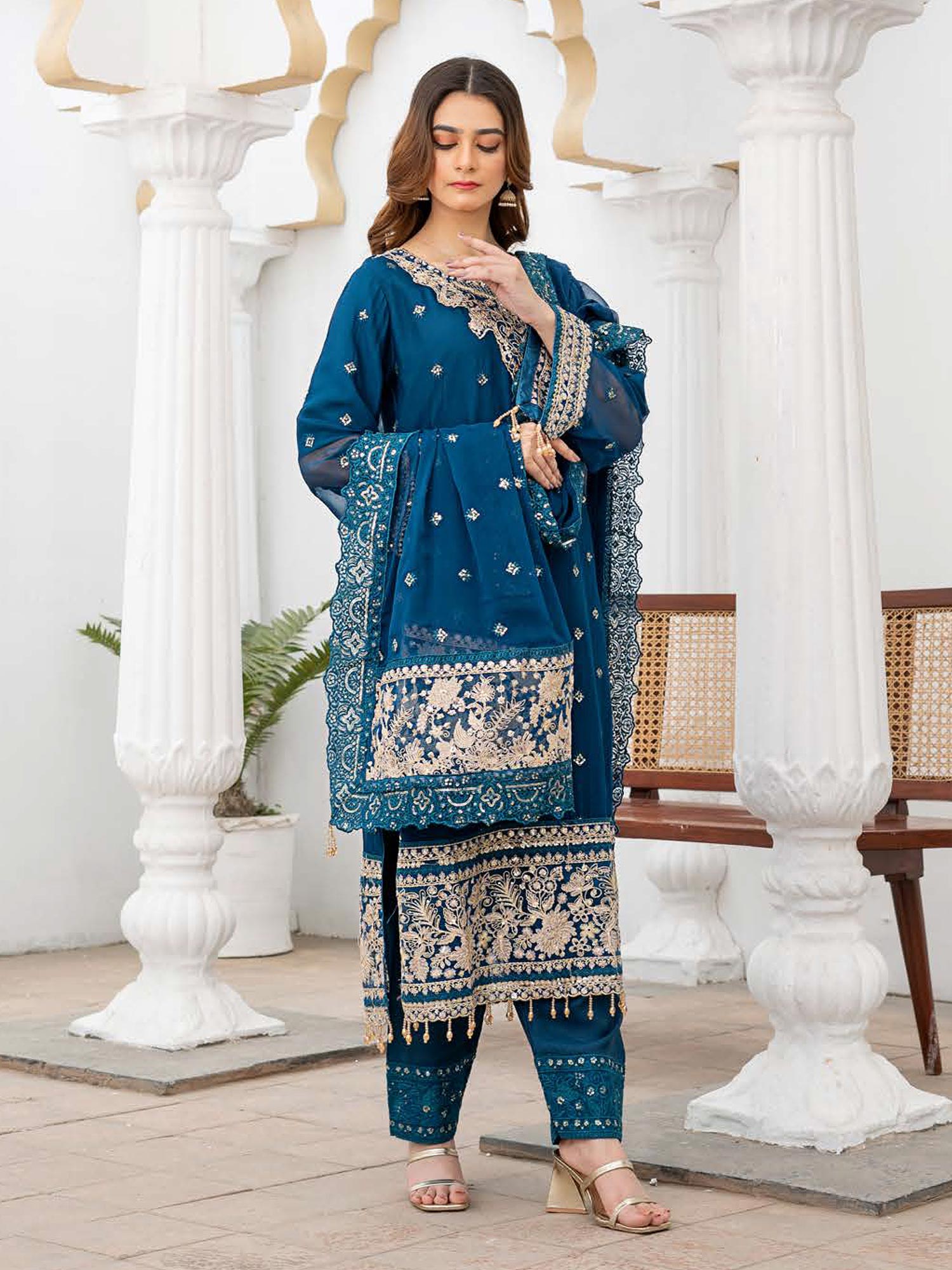 Rangz Luxury Embroidered Chiffon Suit - Zinc