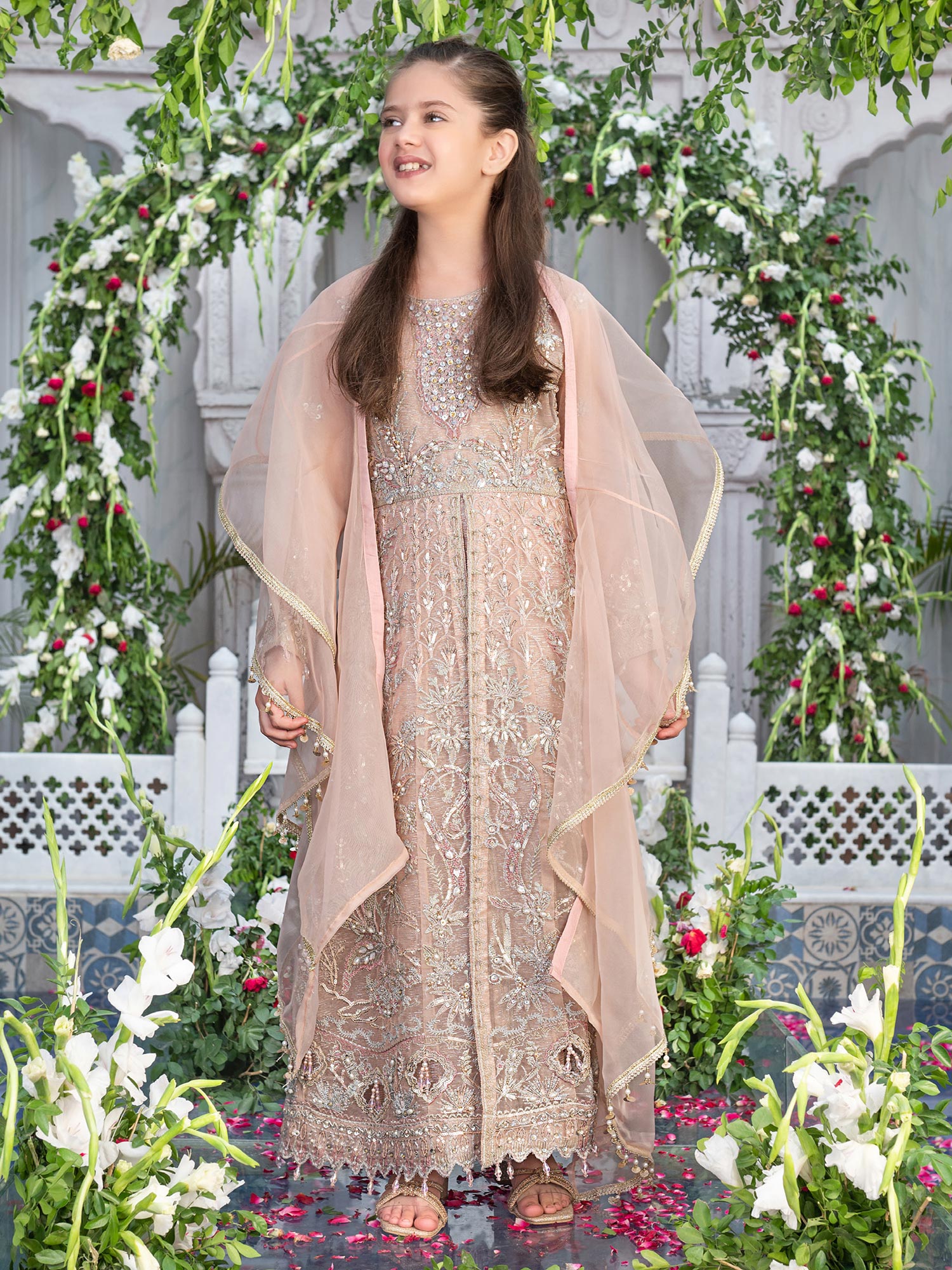 Ally's Kids Peach Embroidered Organza Suit (AL-3659)