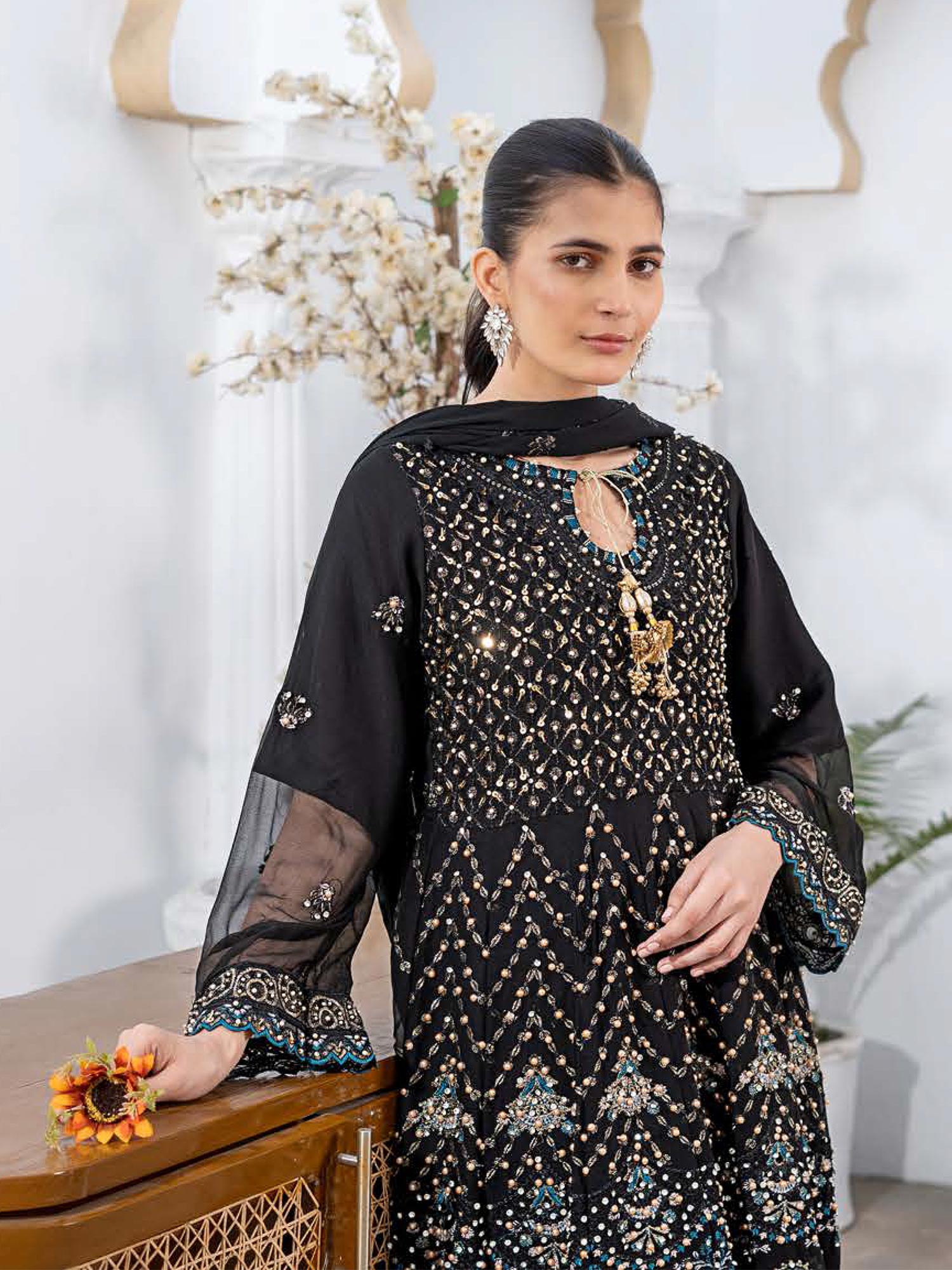 Rangz Luxury Embroidered Chiffon Long Frock 3pc Suit - Black